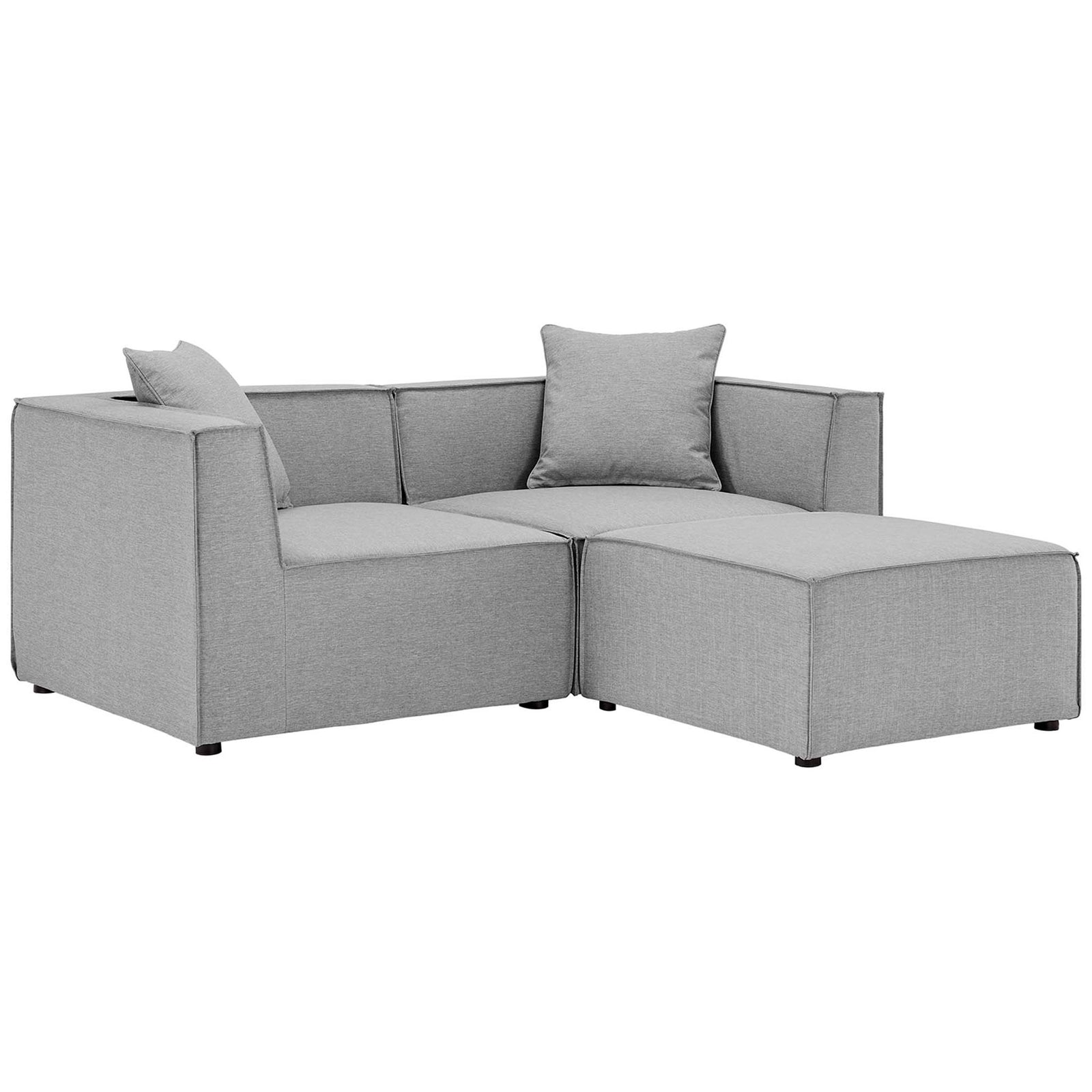 Gray outdoor loveseat and ottoman set with low-profile backs and plush cushions for relaxed lounging || EEI-4378-GRY || front_angle_studio