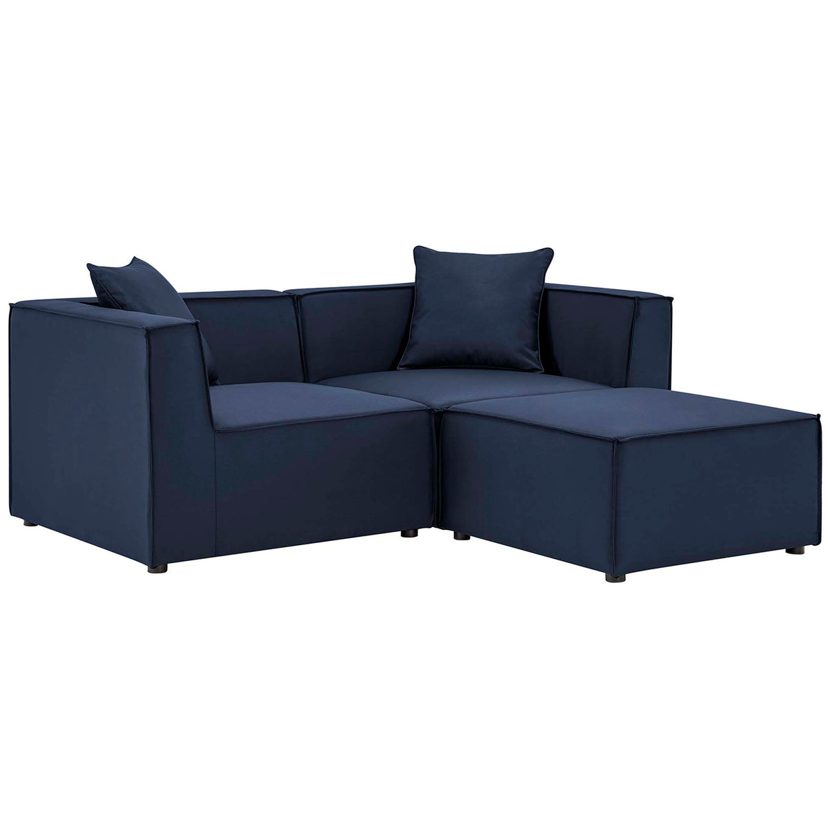 Deep navy outdoor loveseat and ottoman set with boxy lines and generous cushions for contemporary patios || EEI-4378-NAV || front_angle_studio