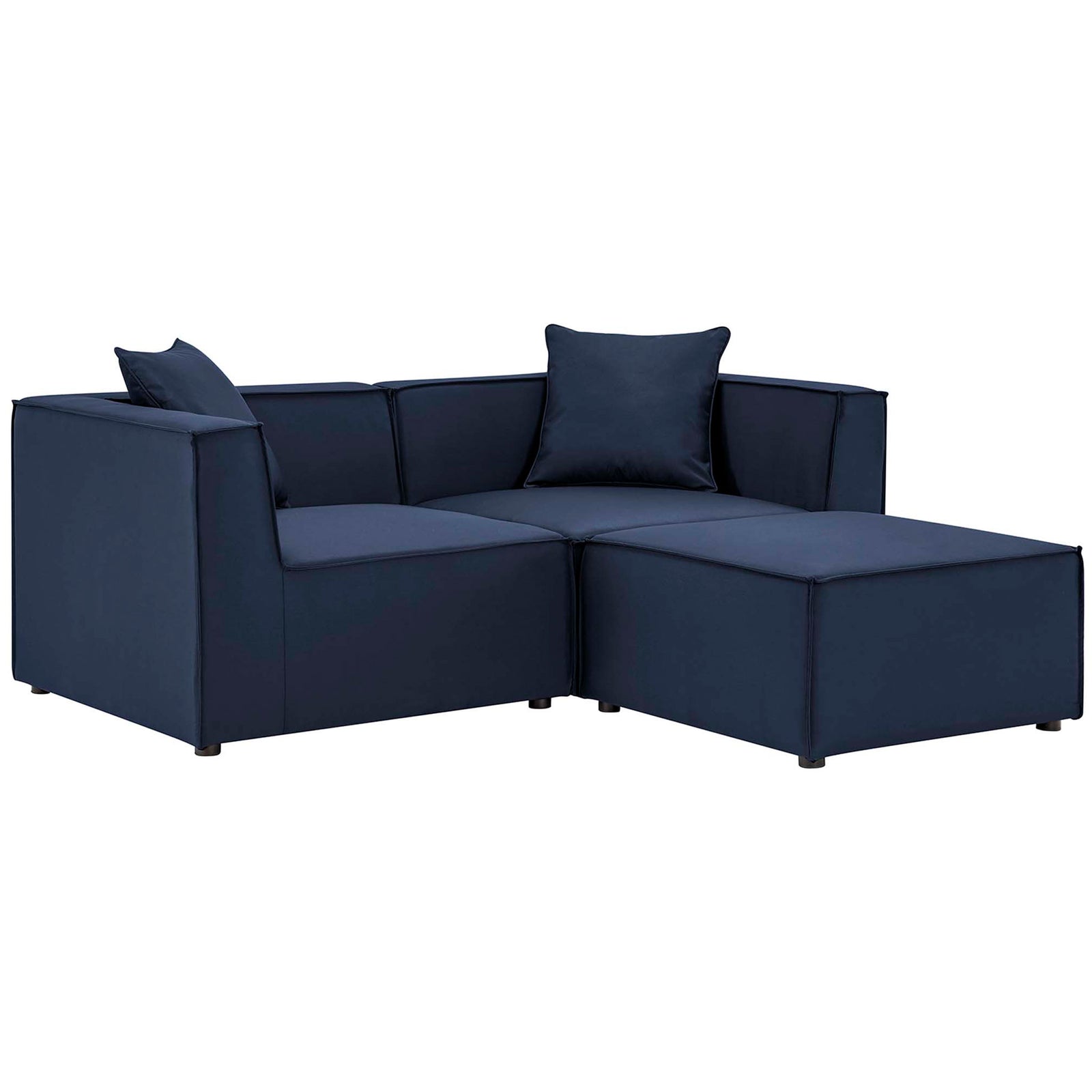 Deep navy outdoor loveseat and ottoman set with boxy lines and generous cushions for contemporary patios || EEI-4378-NAV || front_angle_studio