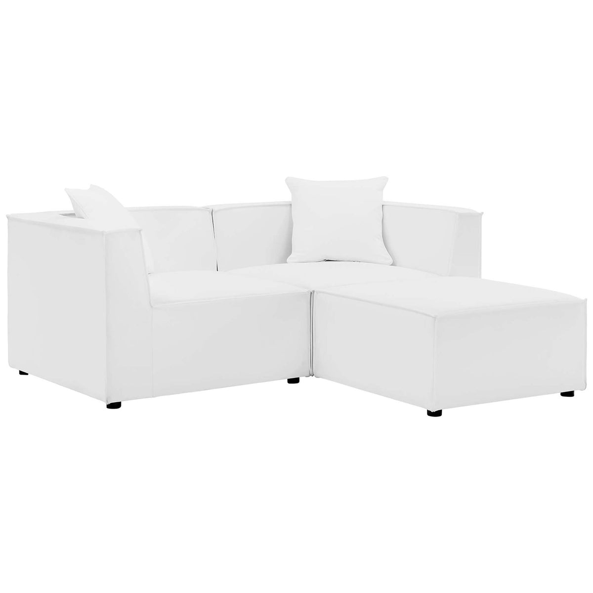 Crisp white outdoor loveseat and ottoman set with clean lines and deep cushions for modern lounging || EEI-4378-WHI || front_angle_studio