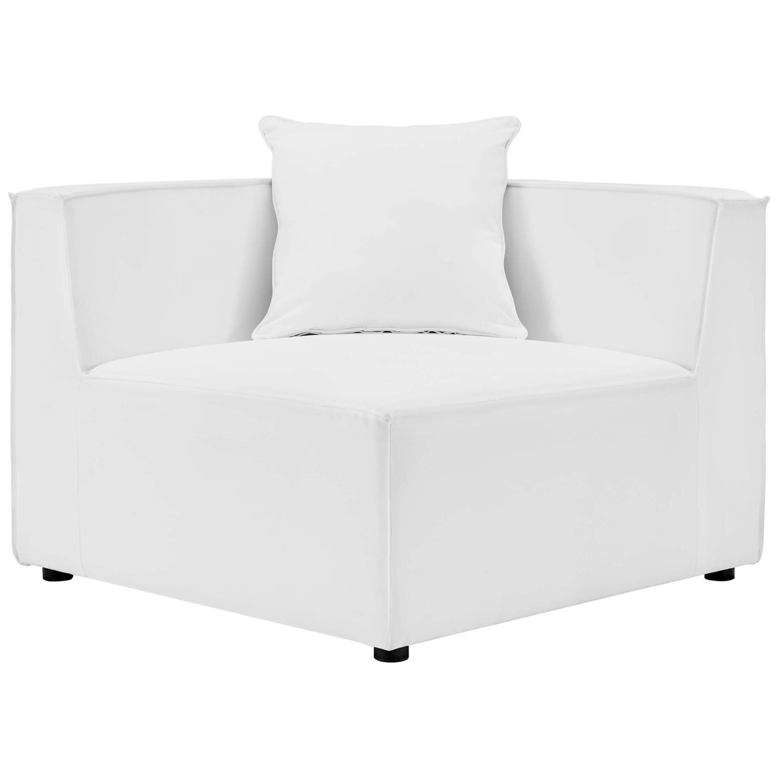 White corner chair with wide seat cushion, tailored sides, and a supportive pillow for outdoor comfort || EEI-4378-WHI || front_angle_partial_studio