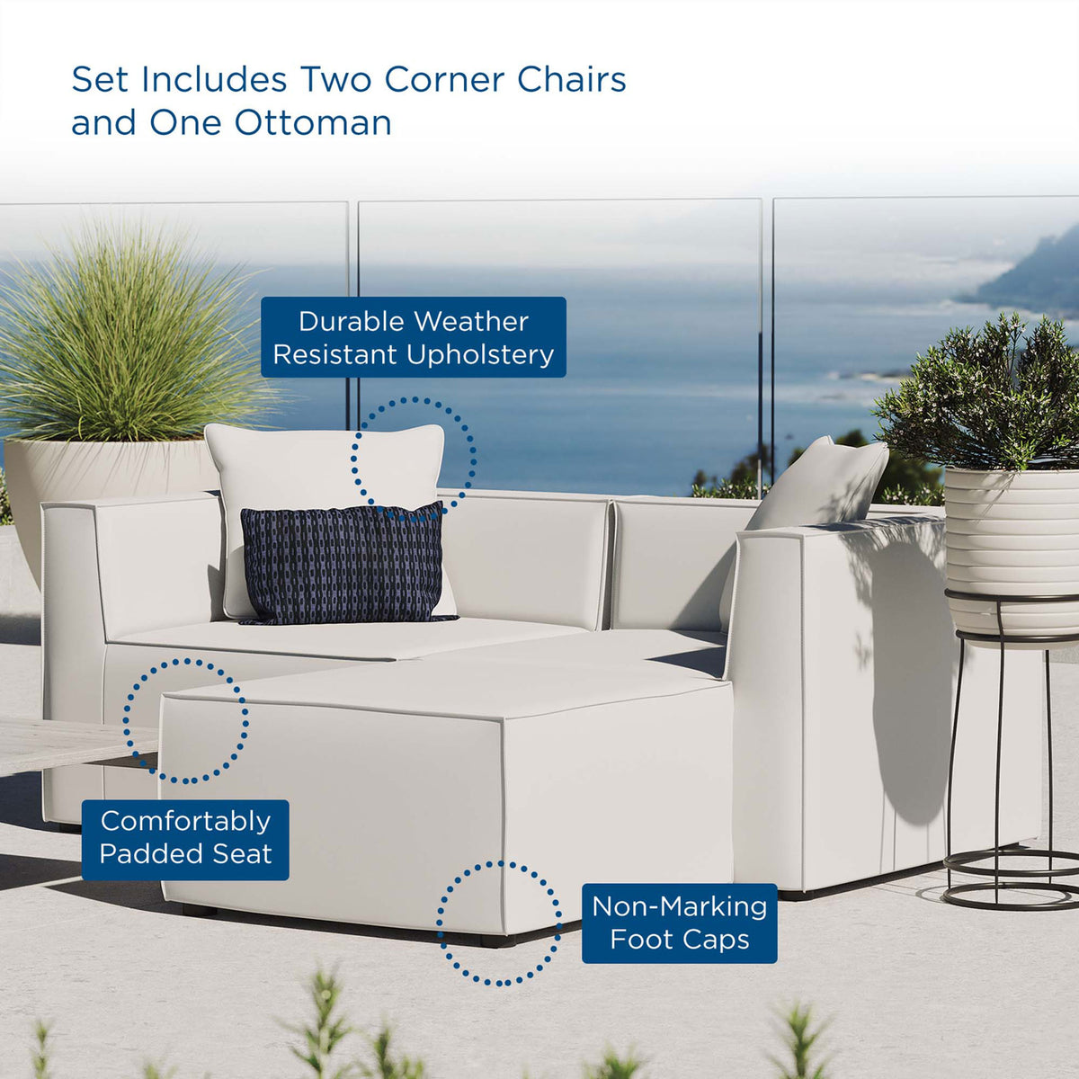 White outdoor loveseat set with durable weather-resistant upholstery, plush seating, and foot caps || EEI-4378-WHI || callout_room