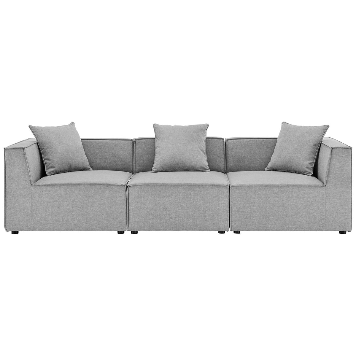 Gray three-piece outdoor sectional sofa with low profile and tailored French piping. || EEI-4379-GRY || front_studio
