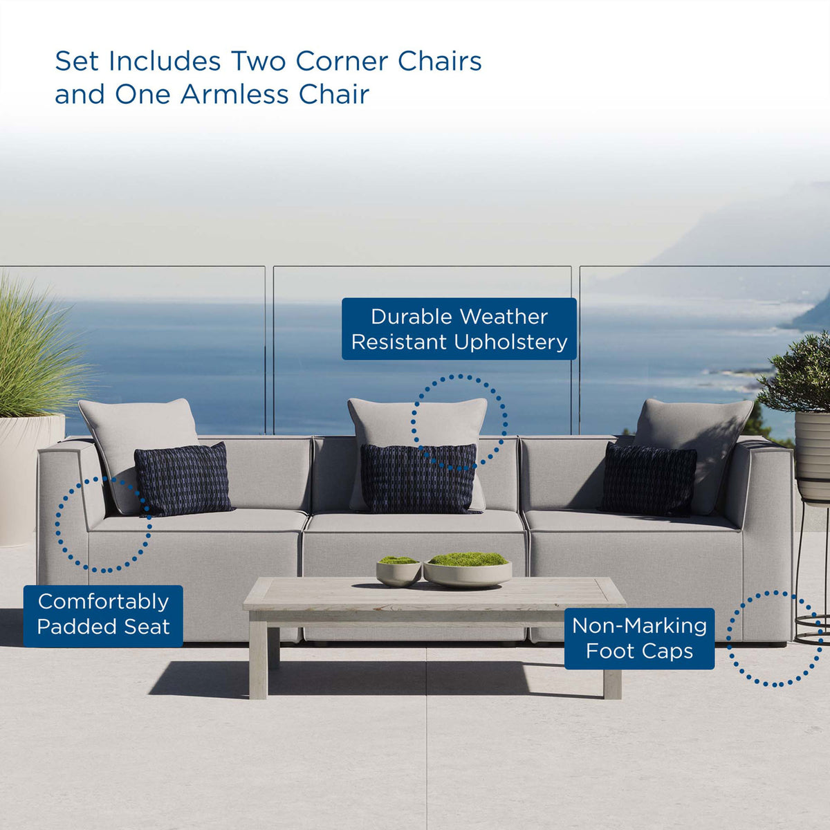Gray outdoor sectional on a terrace with labeled features for comfort, durability, and non-marking feet. || EEI-4379-GRY || callout_room