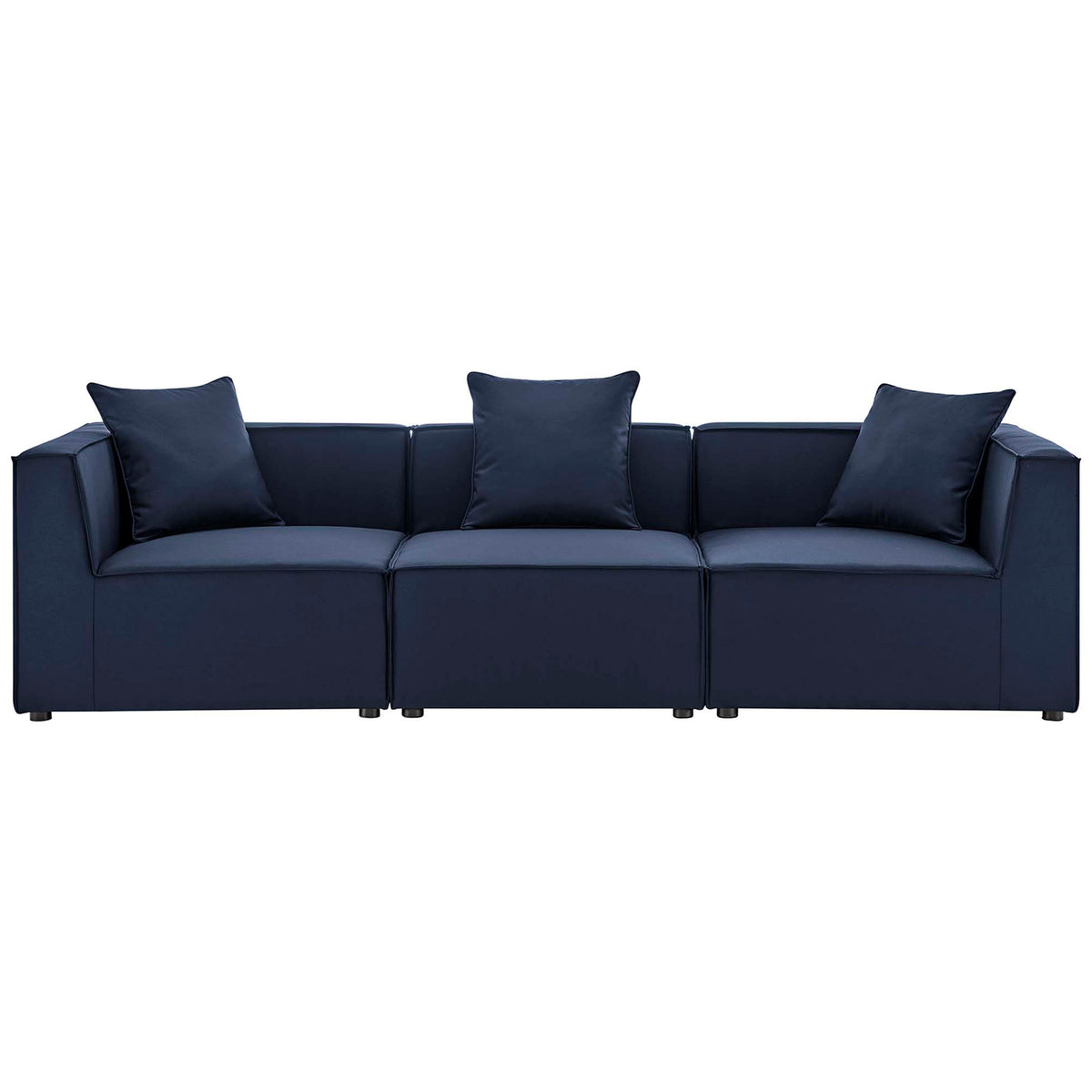 Navy three-piece outdoor sectional sofa with crisp lines and generously cushioned seating. || EEI-4379-NAV || front_studio