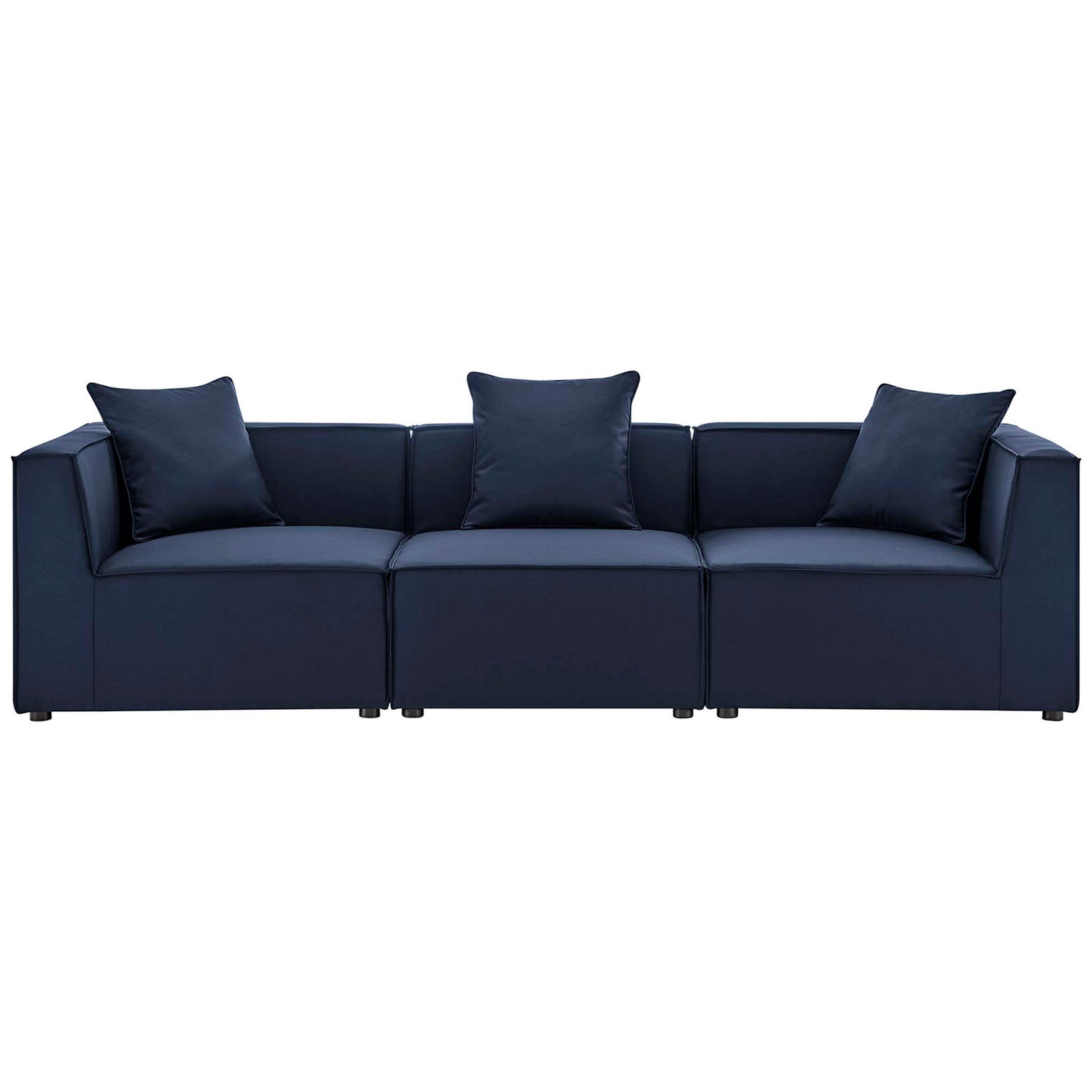 Navy three-piece outdoor sectional sofa with crisp lines and generously cushioned seating. || EEI-4379-NAV || front_studio