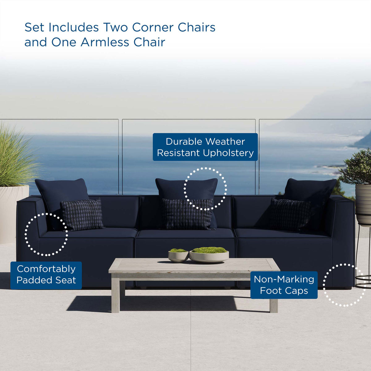 Navy outdoor sectional on a terrace with highlighted features for comfort and weather resistance. || EEI-4379-NAV || callout_room