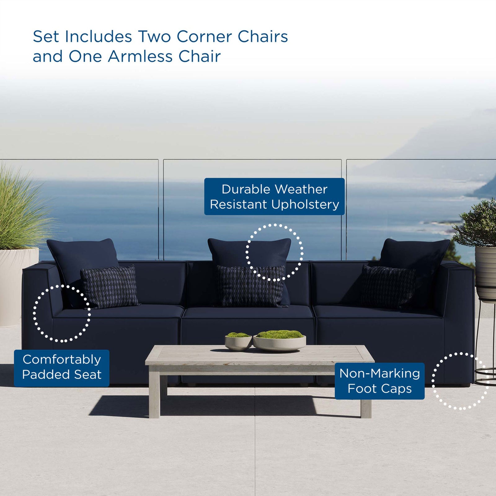 Navy outdoor sectional on a terrace with highlighted features for comfort and weather resistance. || EEI-4379-NAV || callout_room