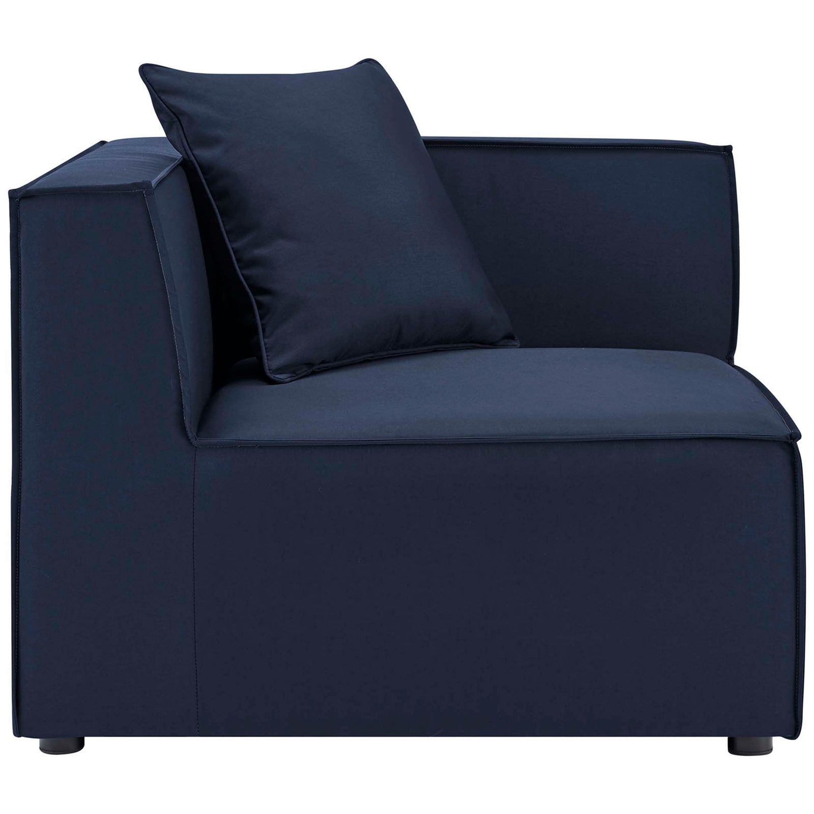 Navy corner chair module with deep seat and supportive backrest for relaxed lounging. || EEI-4379-NAV || front_partial_studio