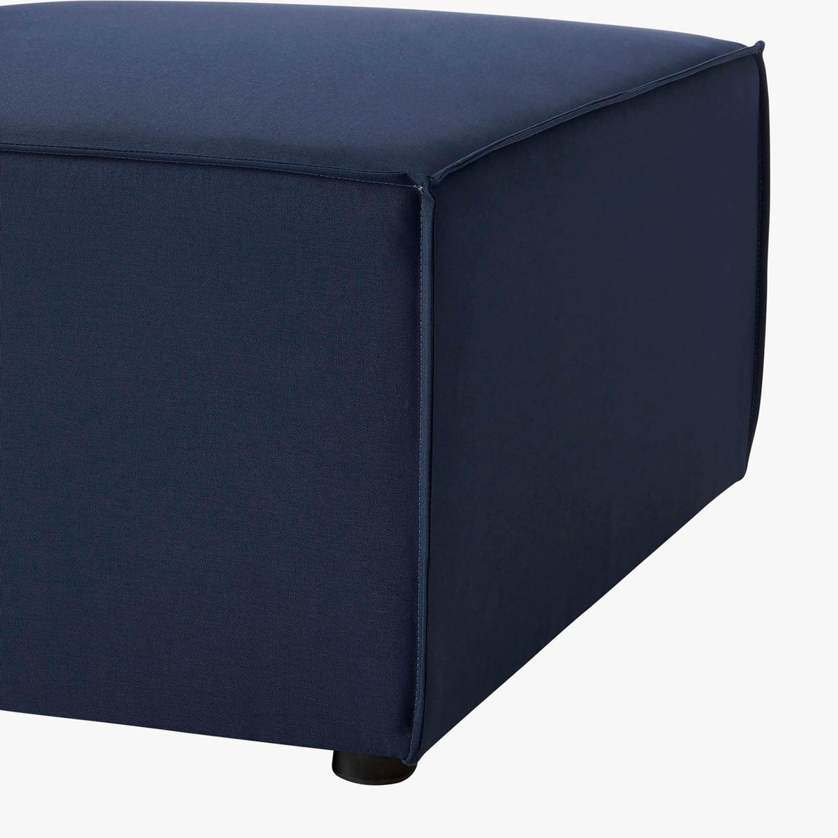 Navy upholstered base with tailored corners and low non-marking feet for patio floors. || EEI-4379-NAV || detail_studio