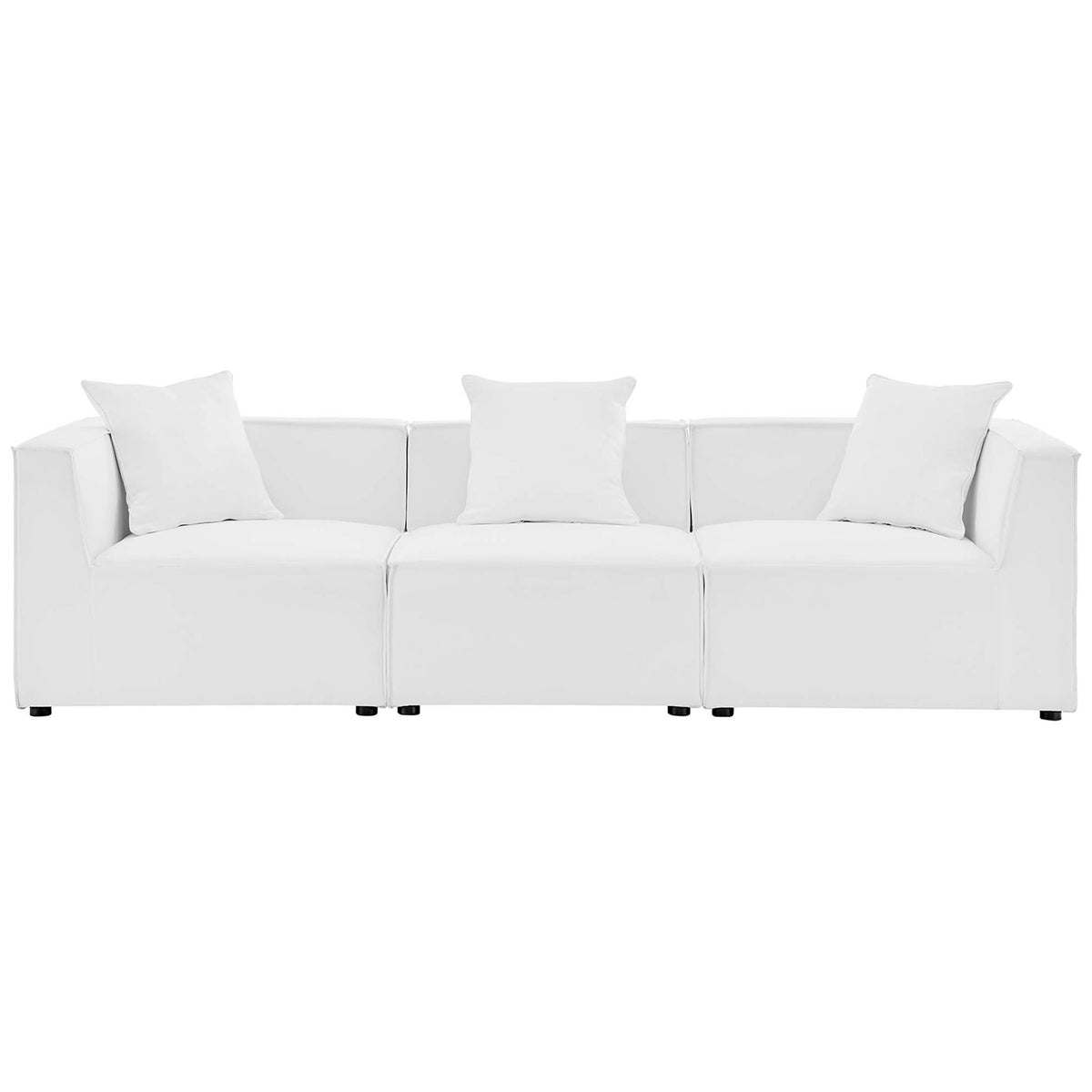 White three-piece outdoor sectional sofa with minimalist profile and plush streamlined cushions. || EEI-4379-WHI || front_studio