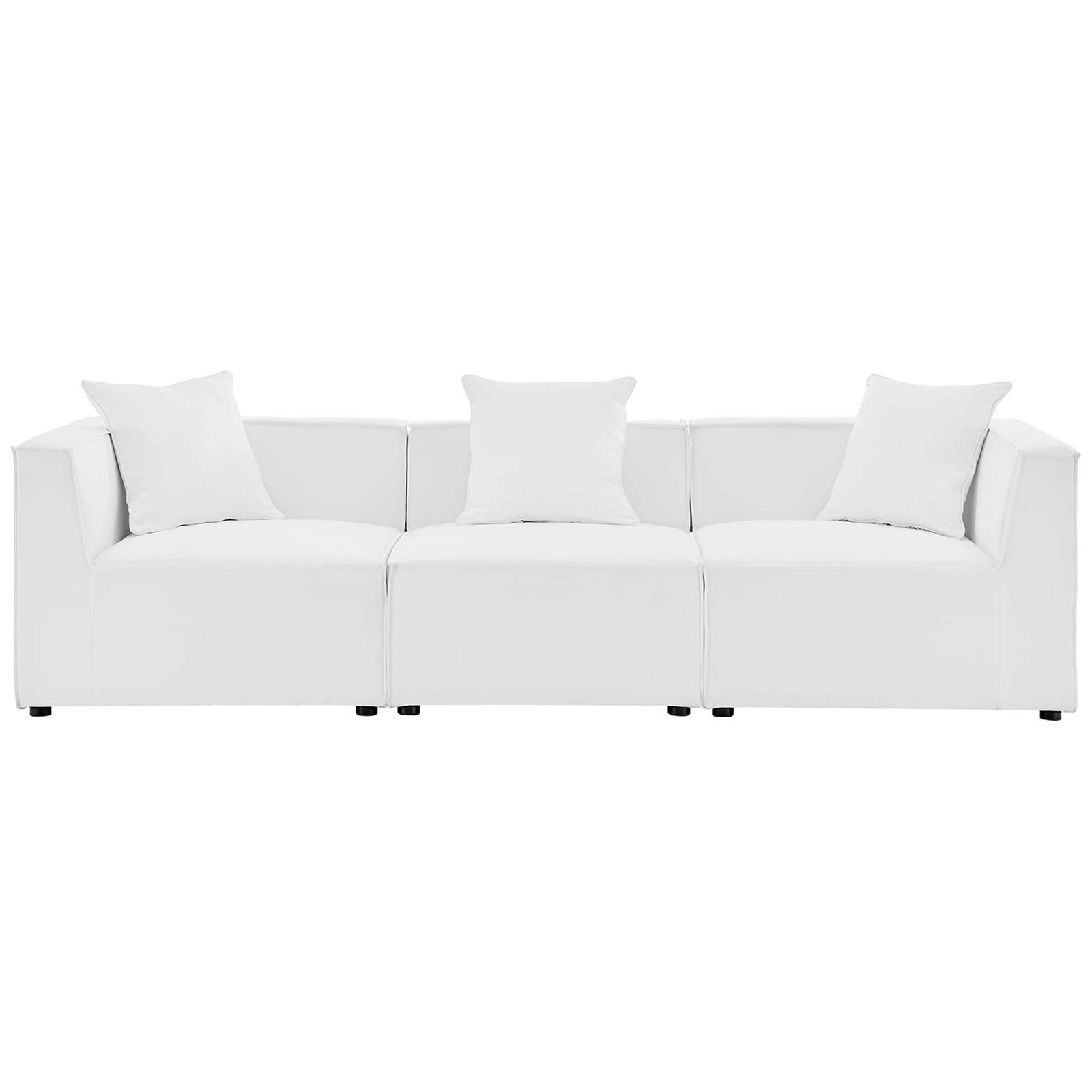 White three-piece outdoor sectional sofa with minimalist profile and plush streamlined cushions. || EEI-4379-WHI || front_studio