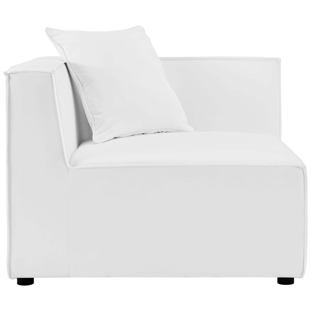 White corner chair module with deep seat and supportive backrest for modern outdoor lounging. || EEI-4379-WHI || front_partial_studio