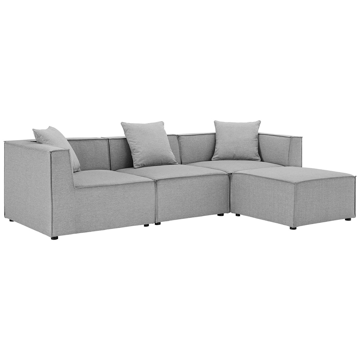 Gray 4-piece outdoor sectional with low-profile arms and plush back cushions || EEI-4380-GRY || front_angle_studio