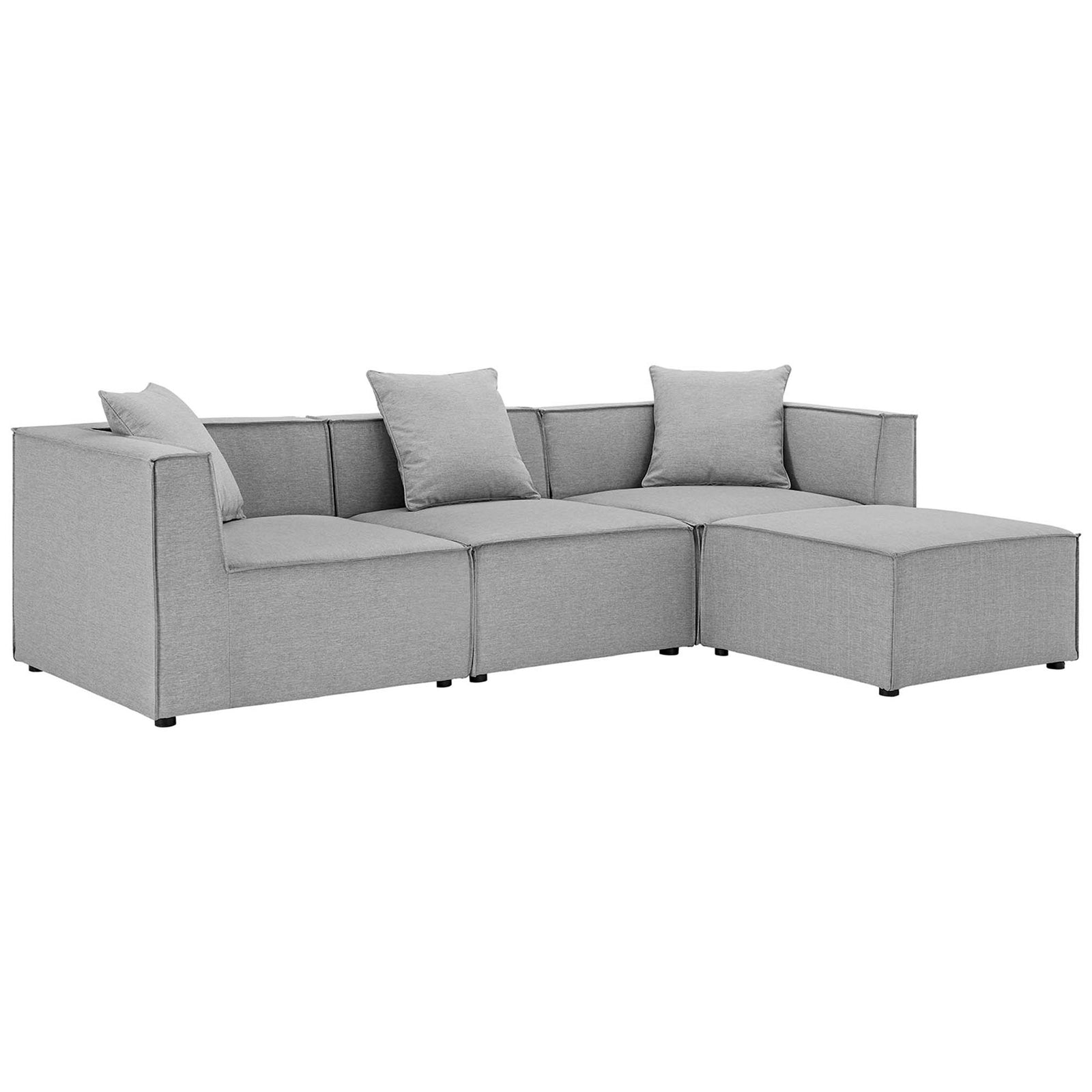Gray 4-piece outdoor sectional with low-profile arms and plush back cushions || EEI-4380-GRY || front_angle_studio