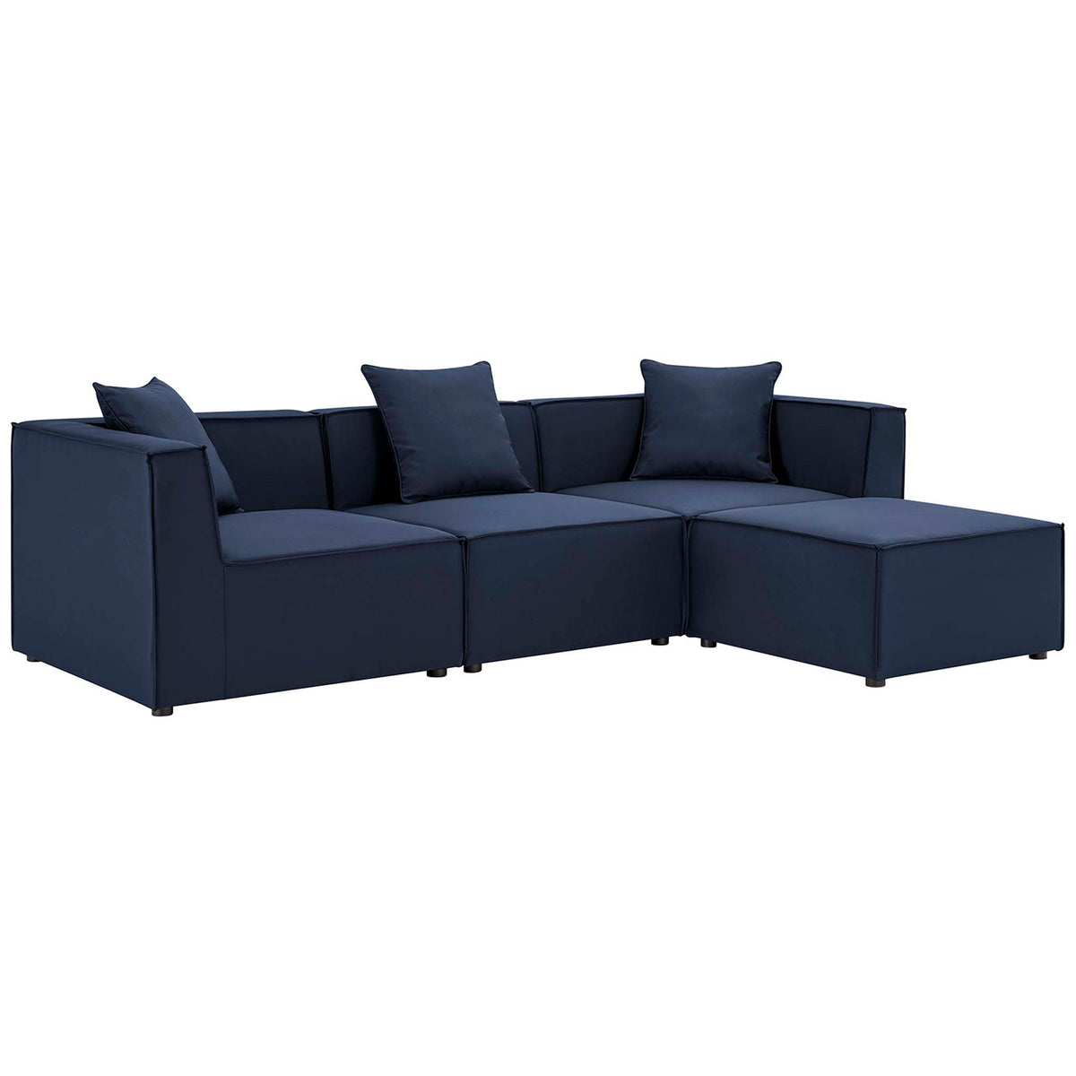 Navy 4-piece outdoor sectional with low-profile arms and plush back cushions || EEI-4380-NAV || front_angle_studio