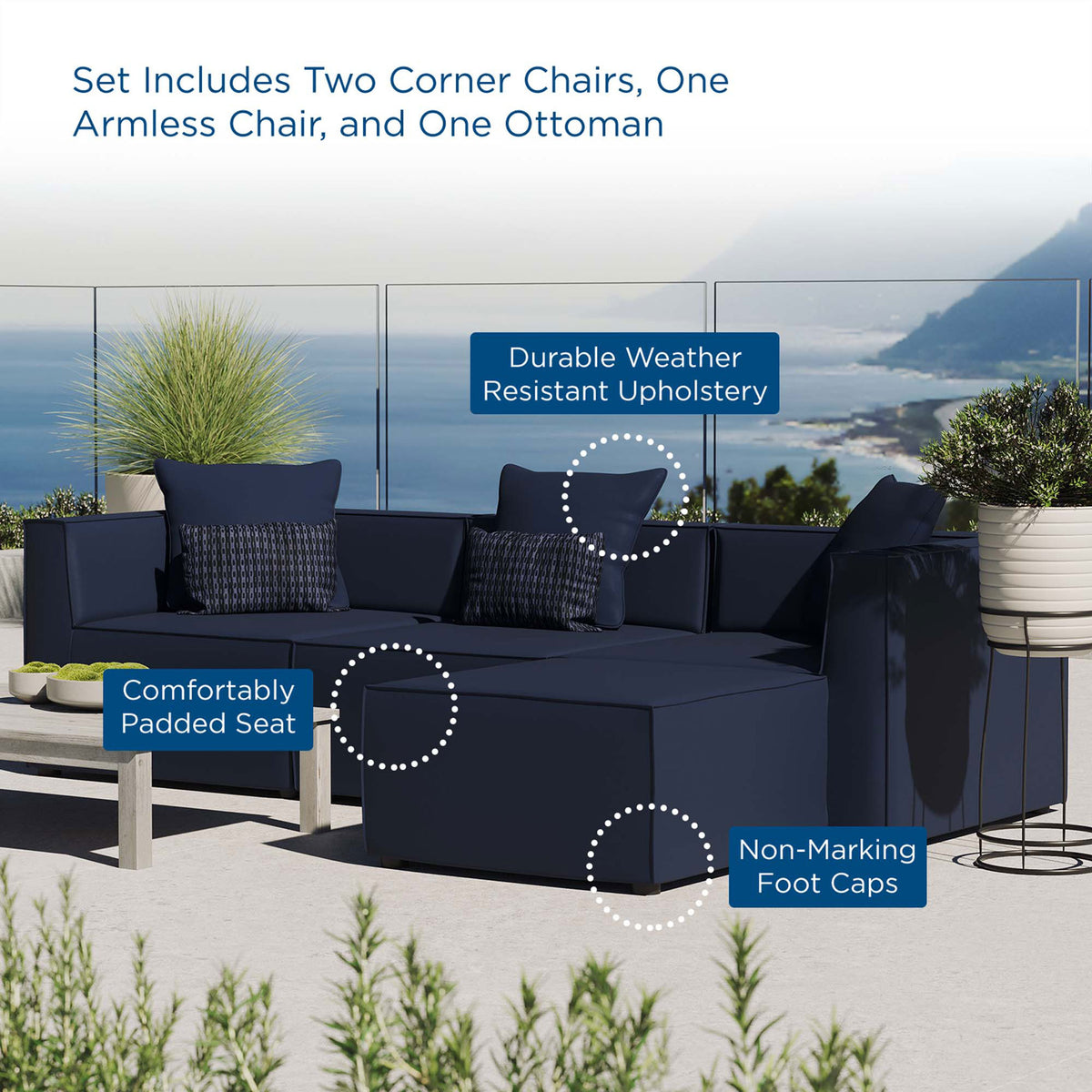 Navy outdoor sectional with callouts for padded seat, weather-resistant fabric, and foot caps || EEI-4380-NAV || callout_room