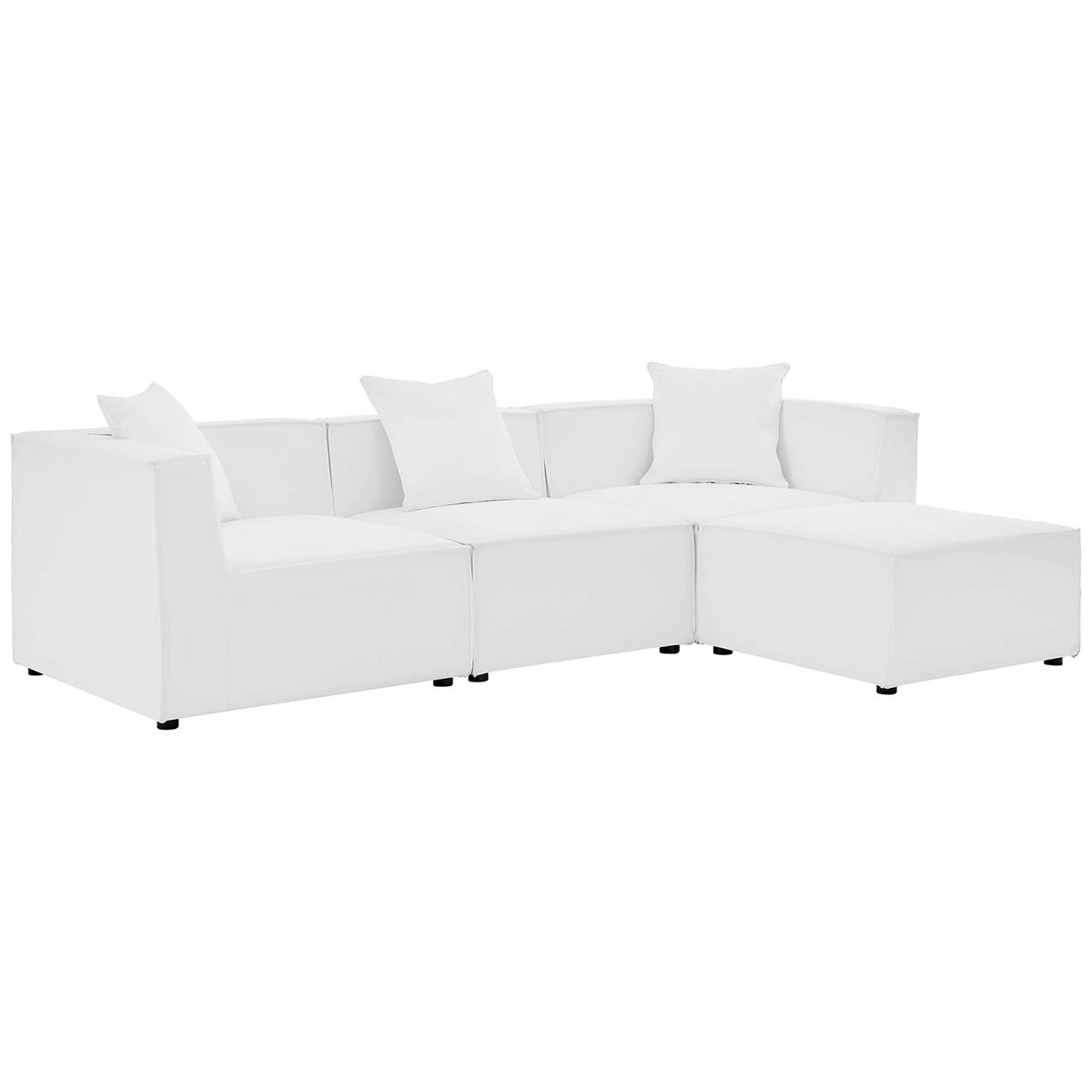 White 4-piece outdoor sectional with crisp modern lines and plush reversible cushions || EEI-4380-WHI || front_angle_studio