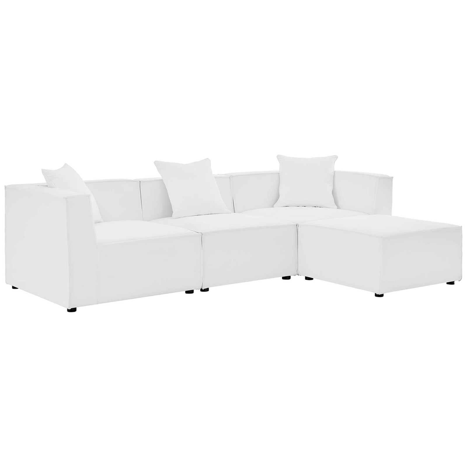 White 4-piece outdoor sectional with crisp modern lines and plush reversible cushions || EEI-4380-WHI || front_angle_studio