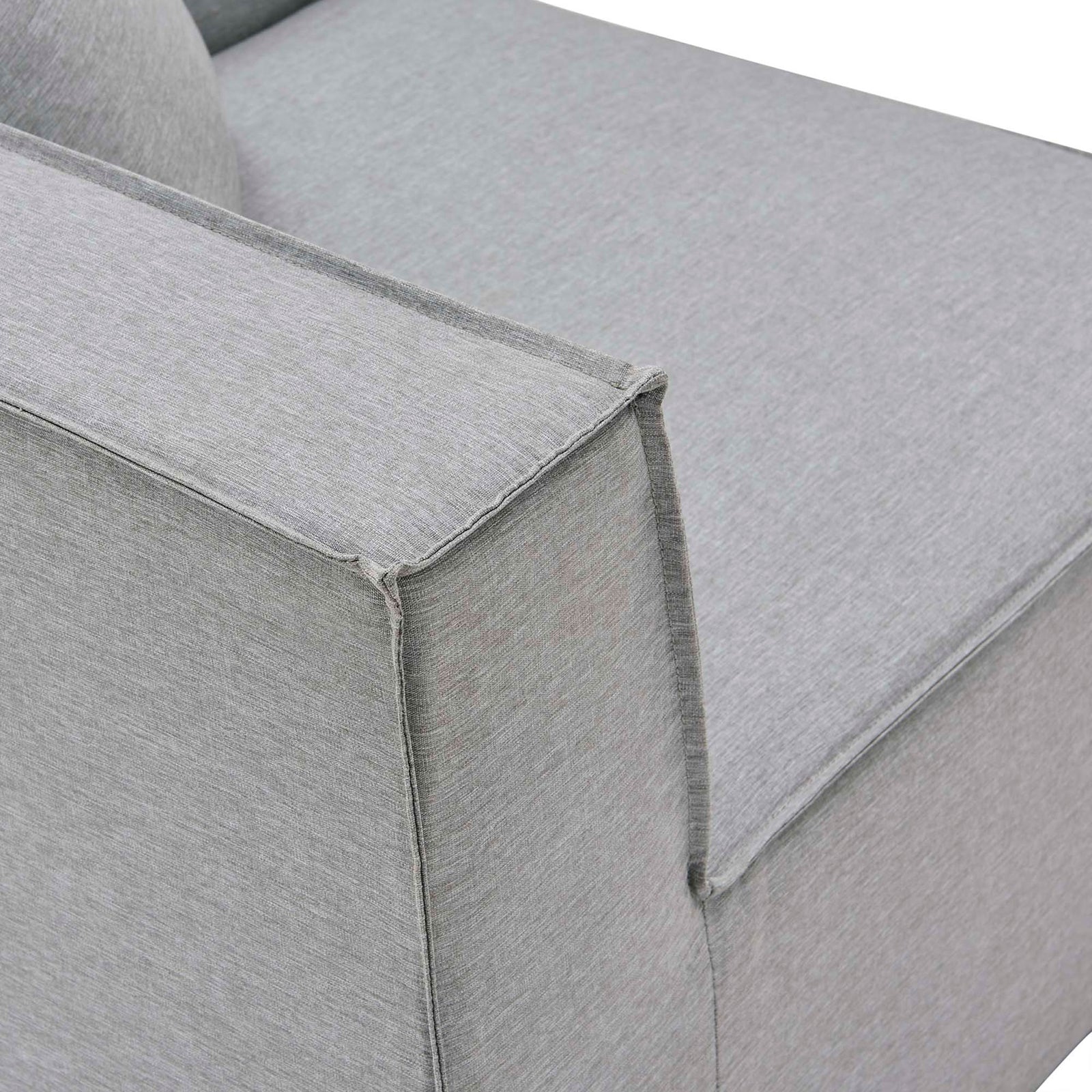 Textured gray outdoor upholstery with tailored piping along the arm for a crisp modern look || EEI-4381-GRY || detail_studio