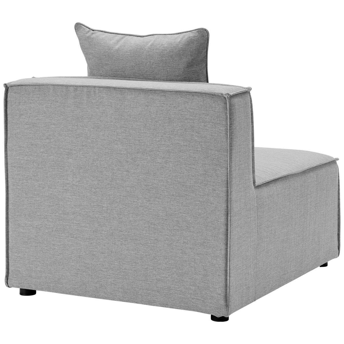 Gray outdoor armless sectional chair with smooth back panel and subtle French piping detail || EEI-4381-GRY || back_angle_partial_studio