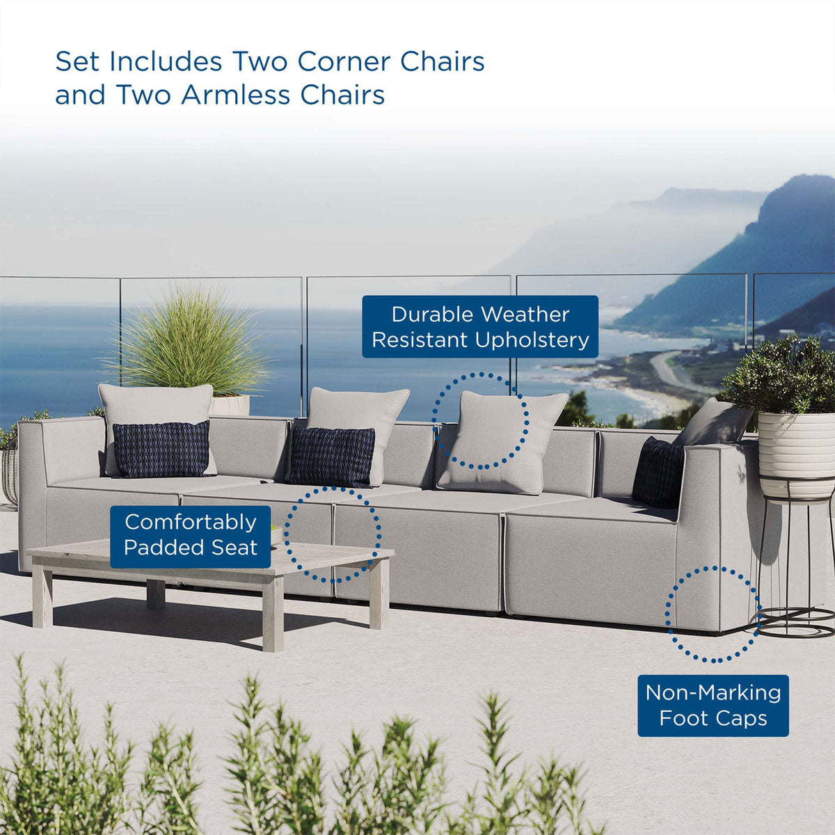 Gray outdoor sectional sofa on a sunny patio highlighting weather-resistant cushions and foot caps || EEI-4381-GRY || callout_room