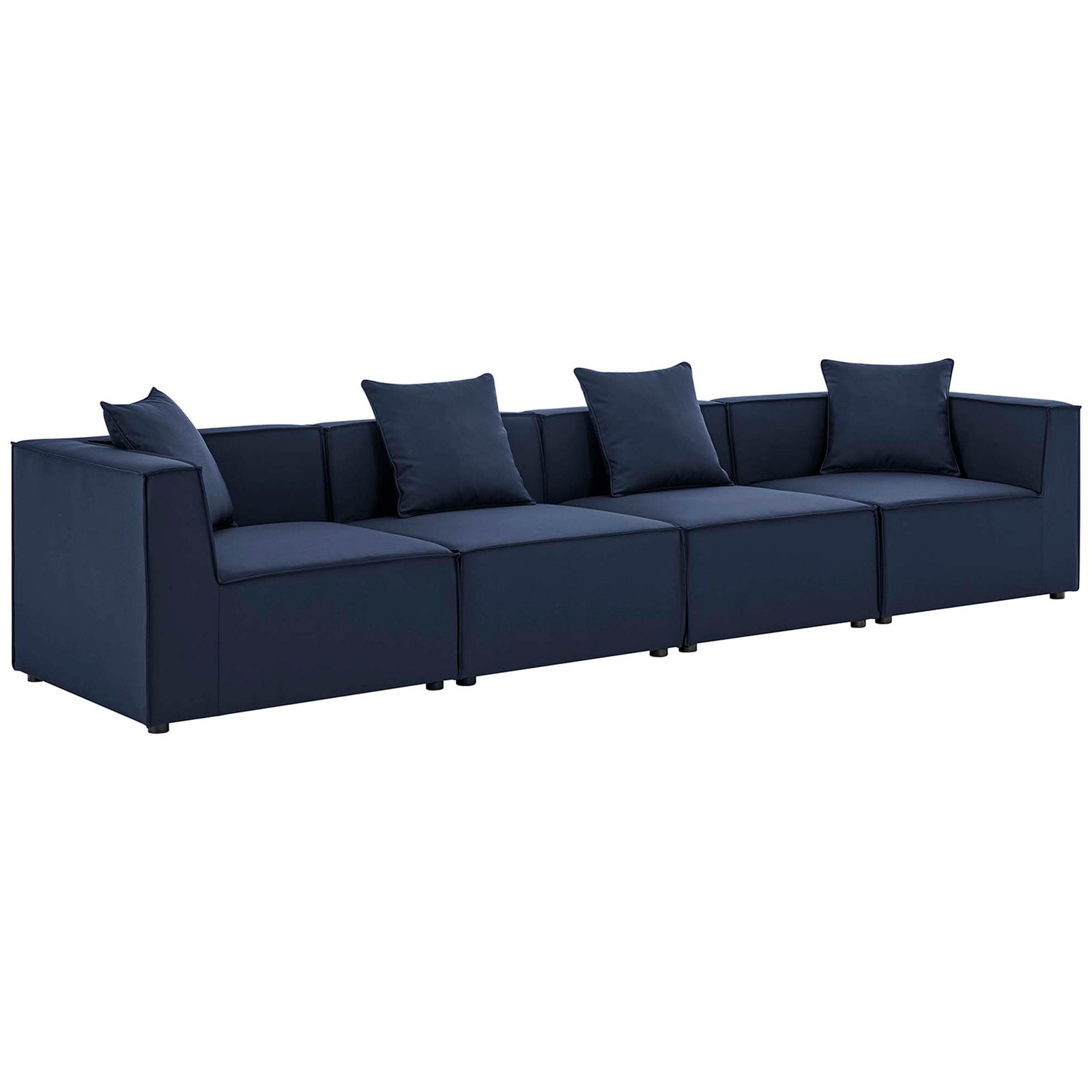 Navy 4-piece outdoor sectional sofa with four matching back cushions and streamlined silhouette || EEI-4381-NAV || front_angle_studio