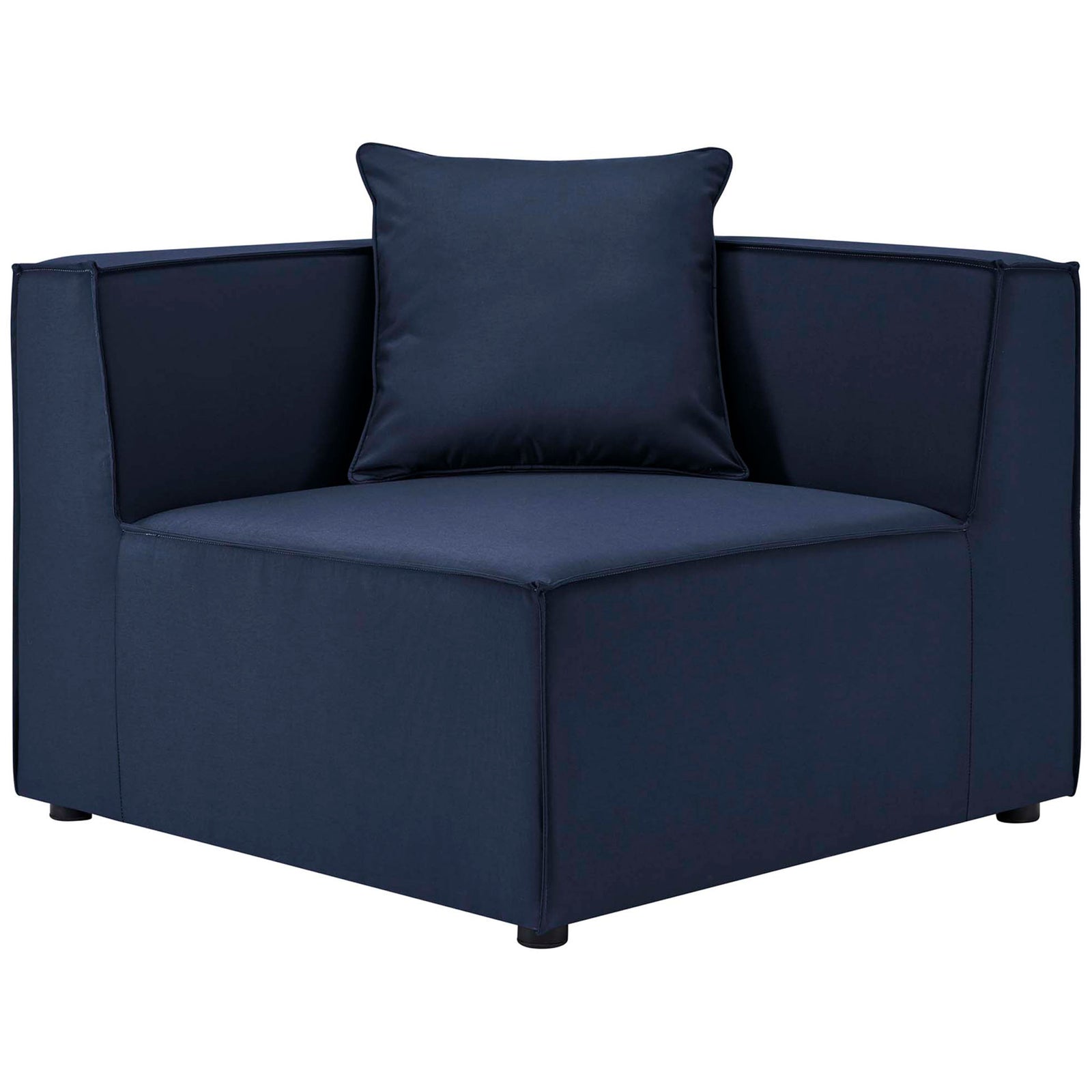 Navy outdoor corner sectional chair with boxy track arms and a plush coordinating back pillow || EEI-4381-NAV || front_angle_partial_studio