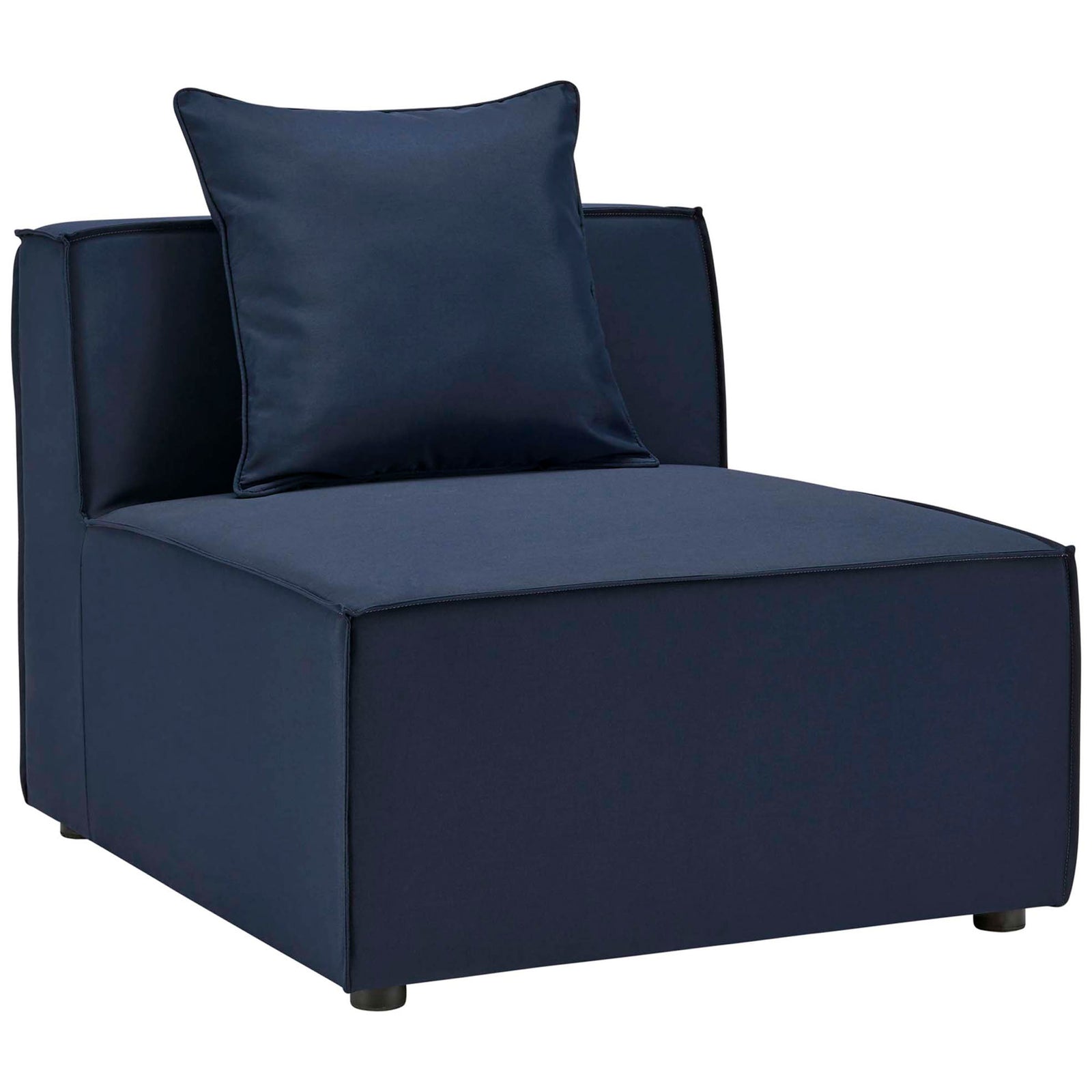 Navy outdoor armless sectional chair with generous seat and supportive back cushion || EEI-4381-NAV || front_angle_partial_studio