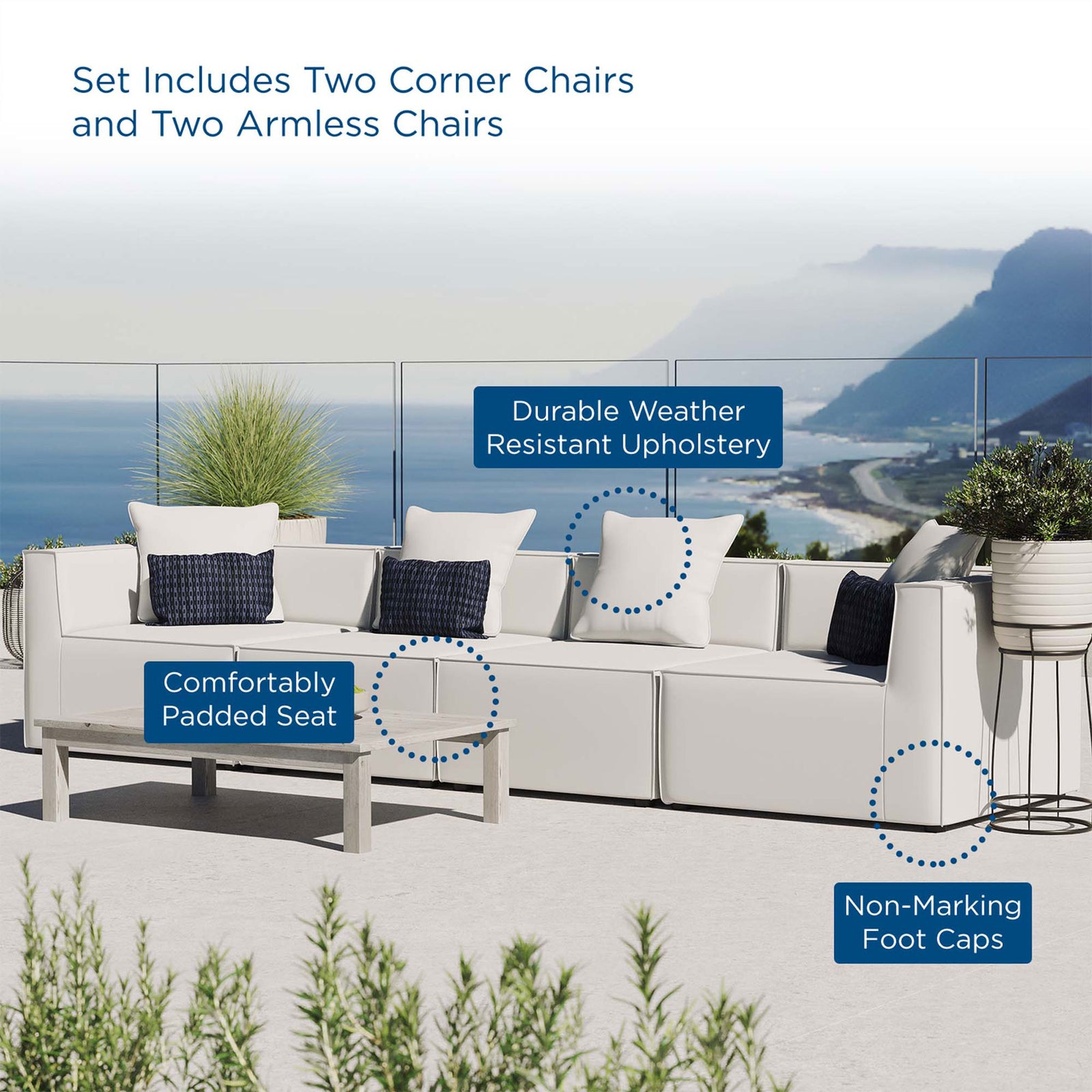 White outdoor sectional sofa on a bright patio showcasing durable fabric and non-marking foot caps || EEI-4381-WHI || callout_room