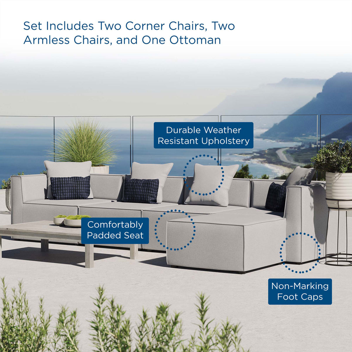 Gray Saybrook outdoor sectional styled on a terrace with text callouts to key features || EEI-4382-GRY || callout_room