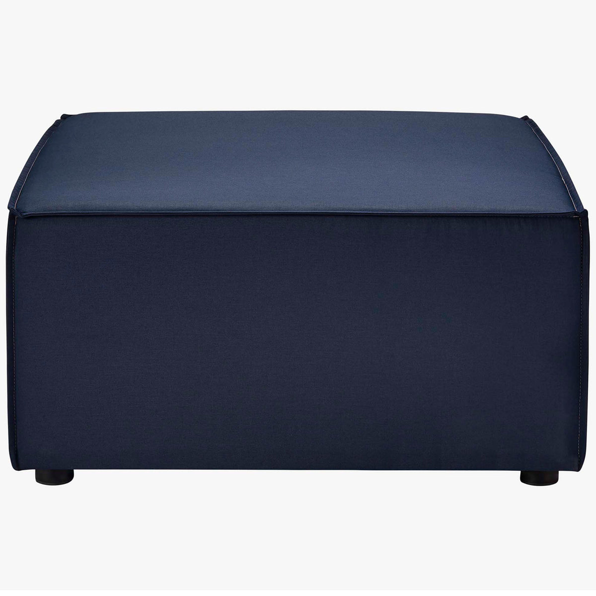 Square navy ottoman with smooth boxed cushion and low-profile round feet || EEI-4382-NAV || front_partial_studio