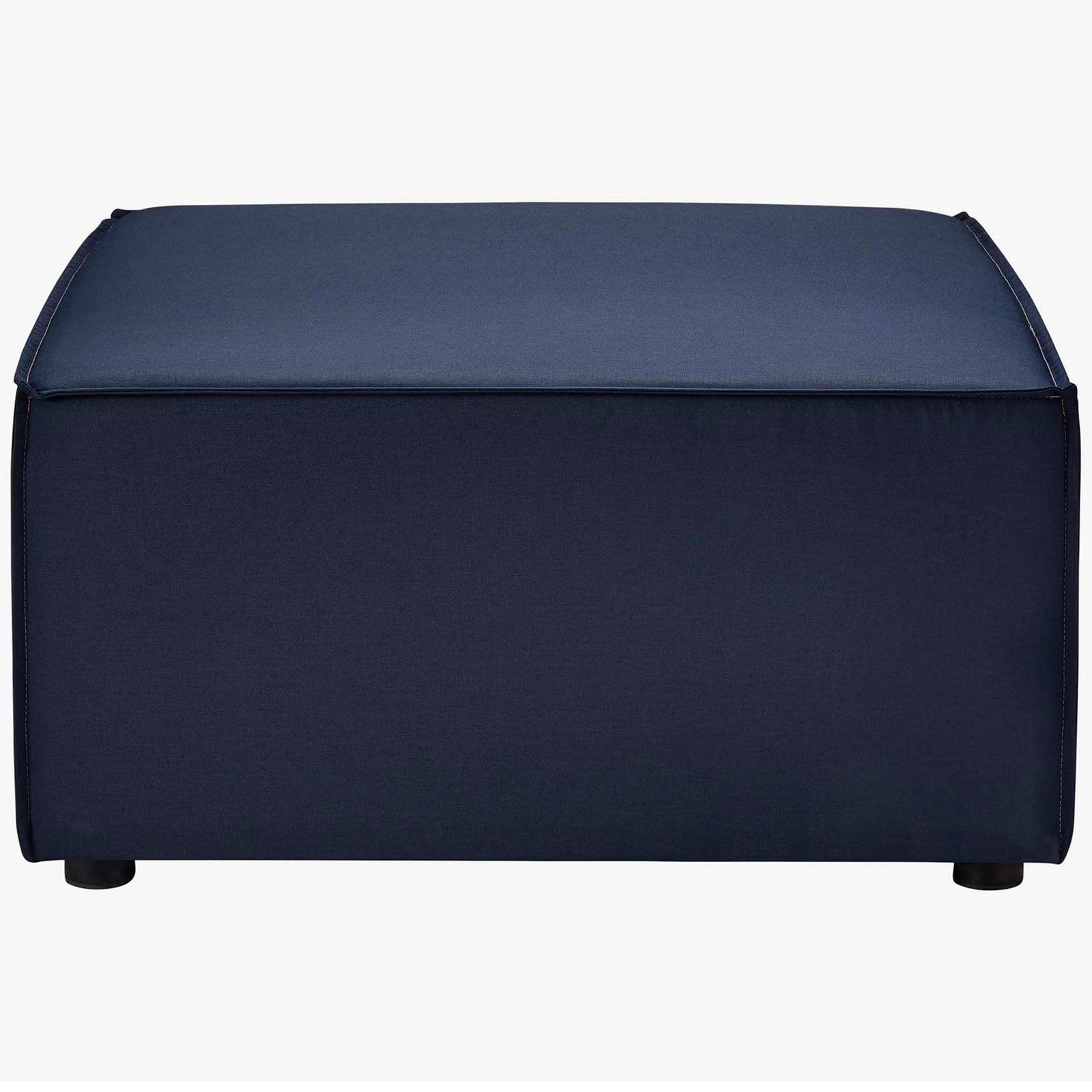Square navy ottoman with smooth boxed cushion and low-profile round feet || EEI-4382-NAV || front_partial_studio