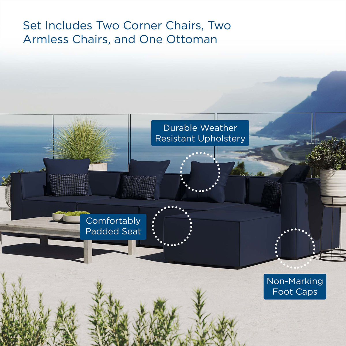 Navy Saybrook outdoor sectional on a terrace with callouts to comfort and durability || EEI-4382-NAV || callout_room