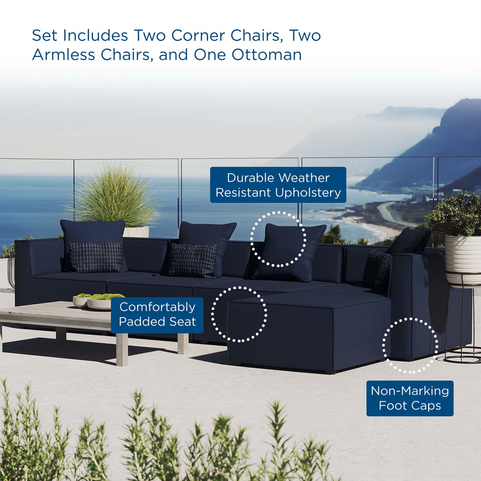 Navy Saybrook outdoor sectional on a terrace with callouts to comfort and durability || EEI-4382-NAV || callout_room