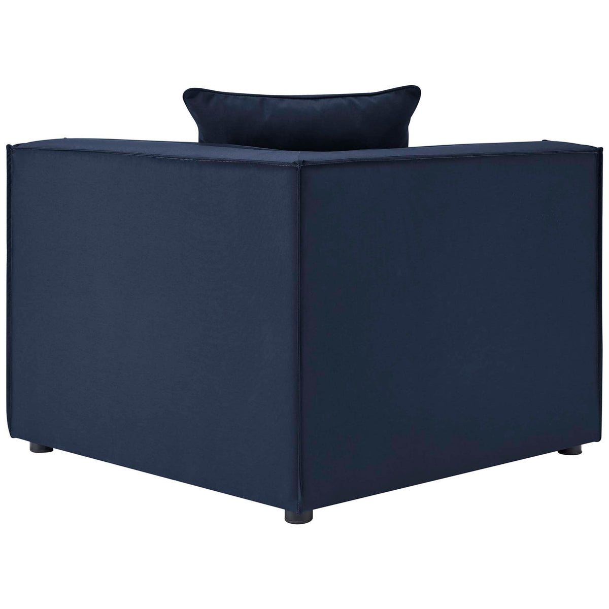 Back view of navy corner chair with smooth upholstery and tailored seams || EEI-4382-NAV || back_angle_partial_studio