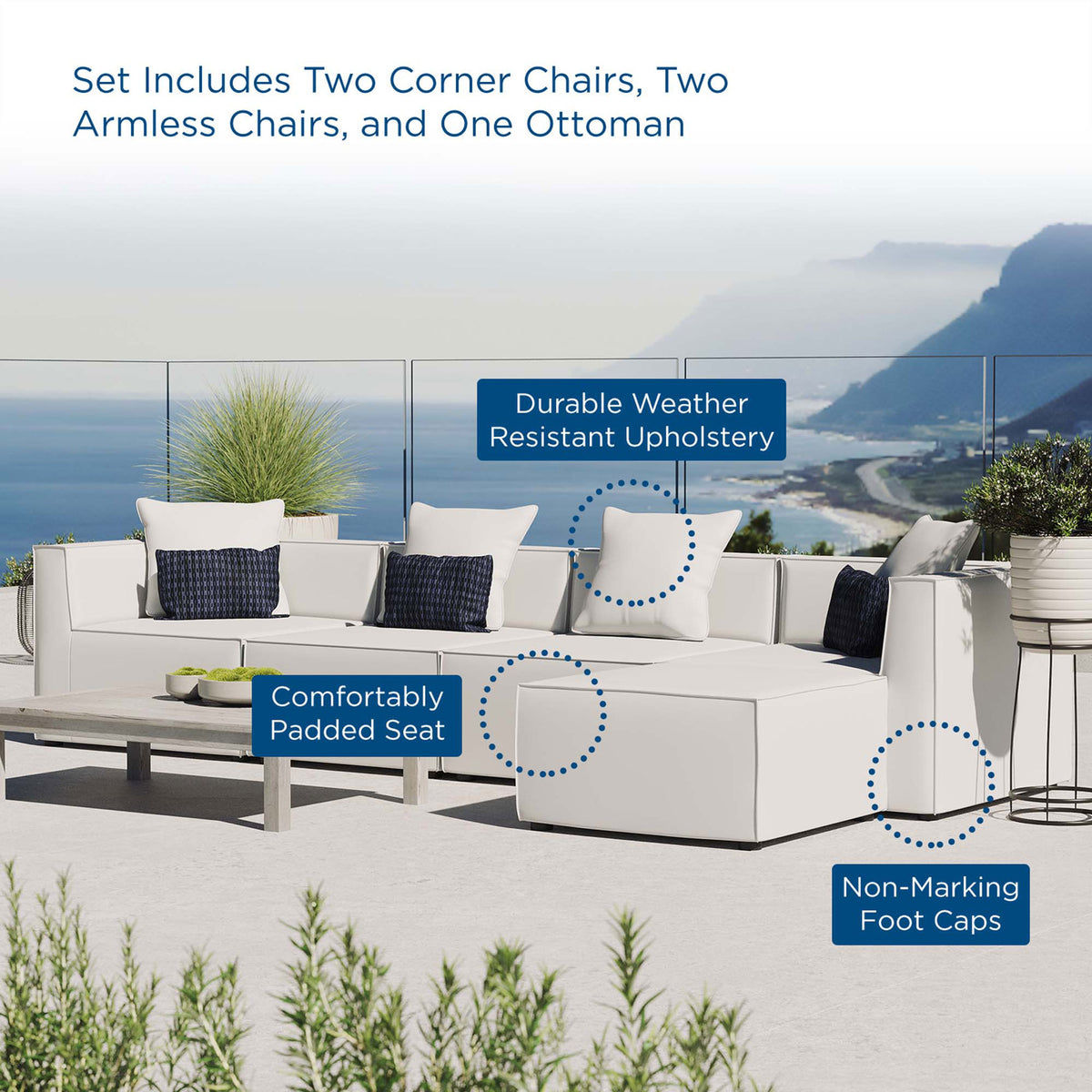 White Saybrook outdoor sectional on a terrace with feature callouts for comfort || EEI-4382-WHI || callout_room
