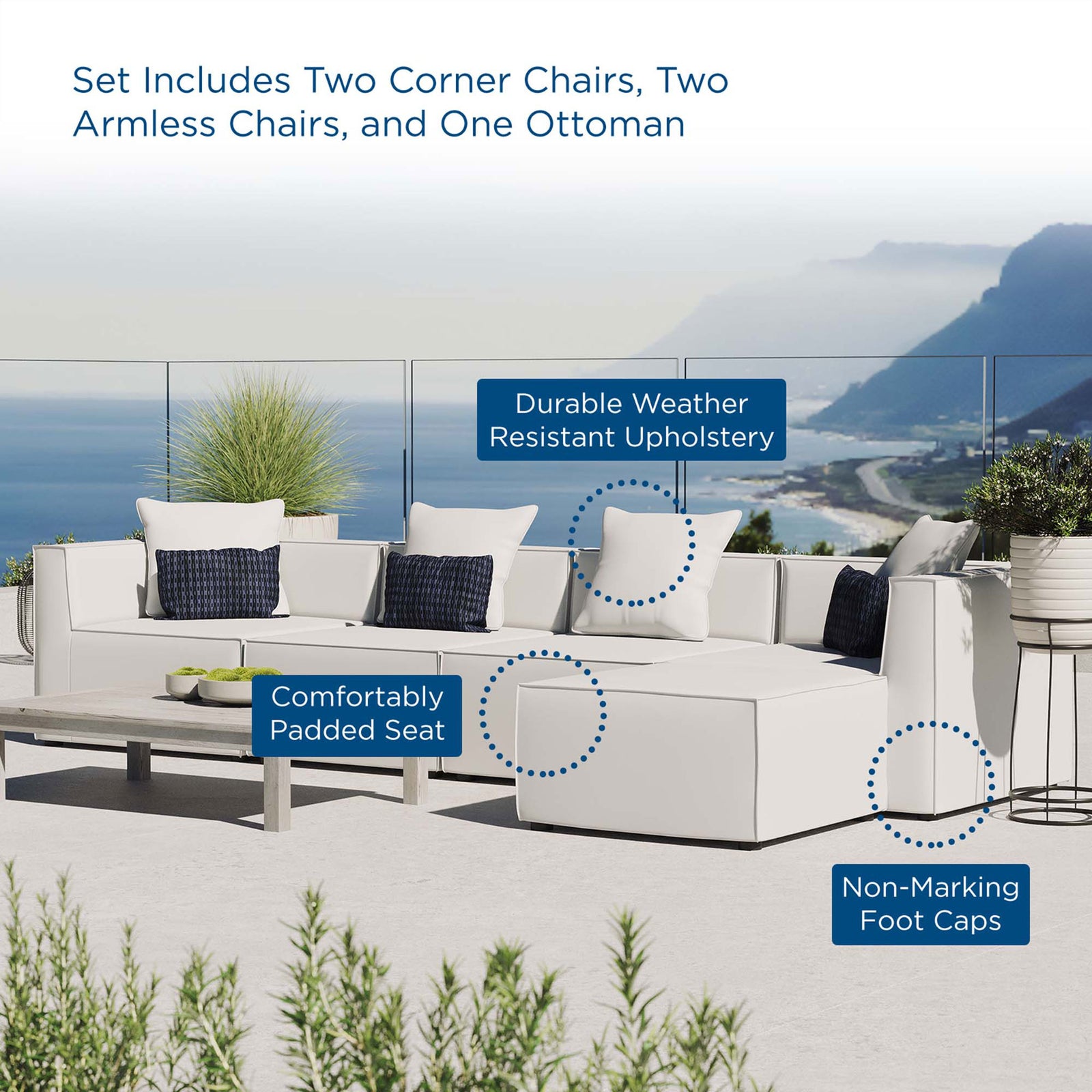 White Saybrook outdoor sectional on a terrace with feature callouts for comfort || EEI-4382-WHI || callout_room