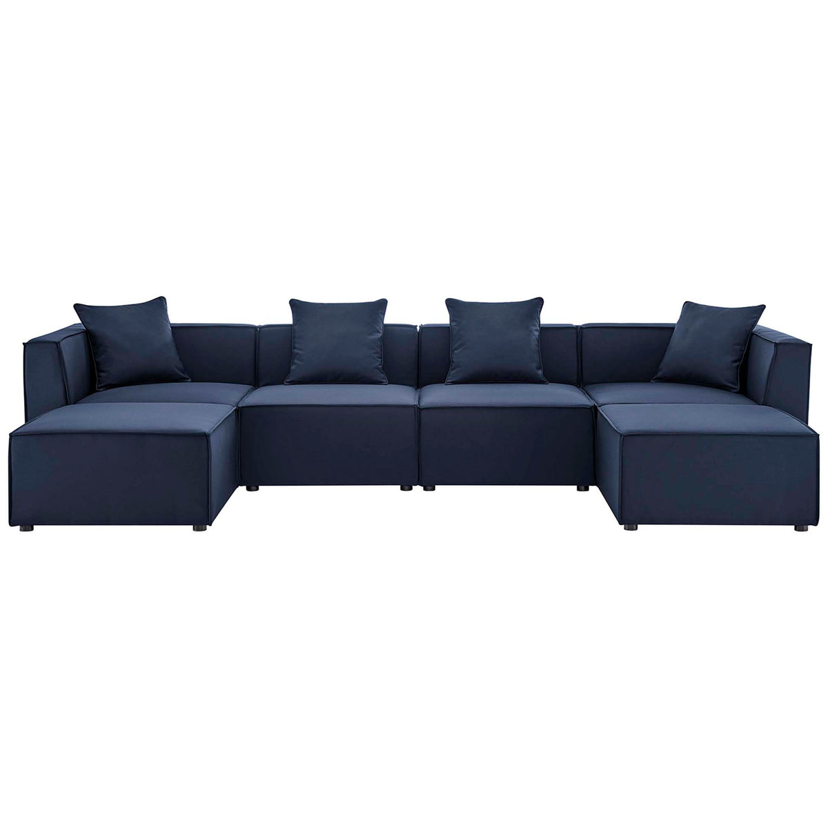 Navy Saybrook 6-piece outdoor sectional with low-profile cushions and clean, modern modular lines. || EEI-4383-NAV || front_studio