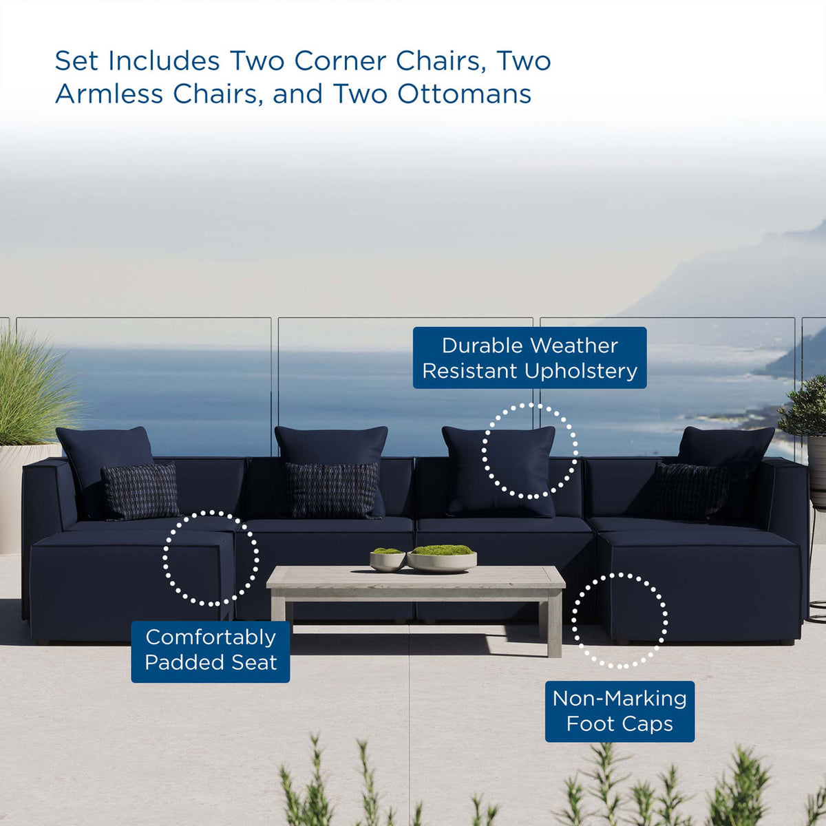 Navy Saybrook outdoor sectional on a terrace with padded seats, weather-resistant upholstery, and non-marking feet. || EEI-4383-NAV || callout_room