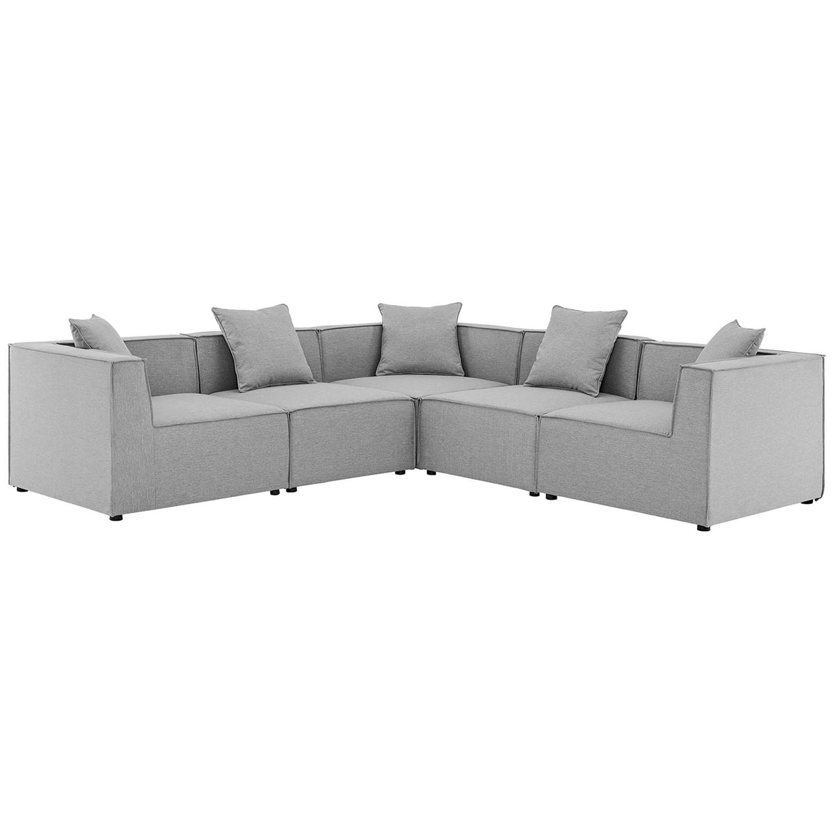 Gray outdoor modular sectional with five cushioned seats and clean-lined low profile frame || EEI-4384-GRY || front_angle_studio