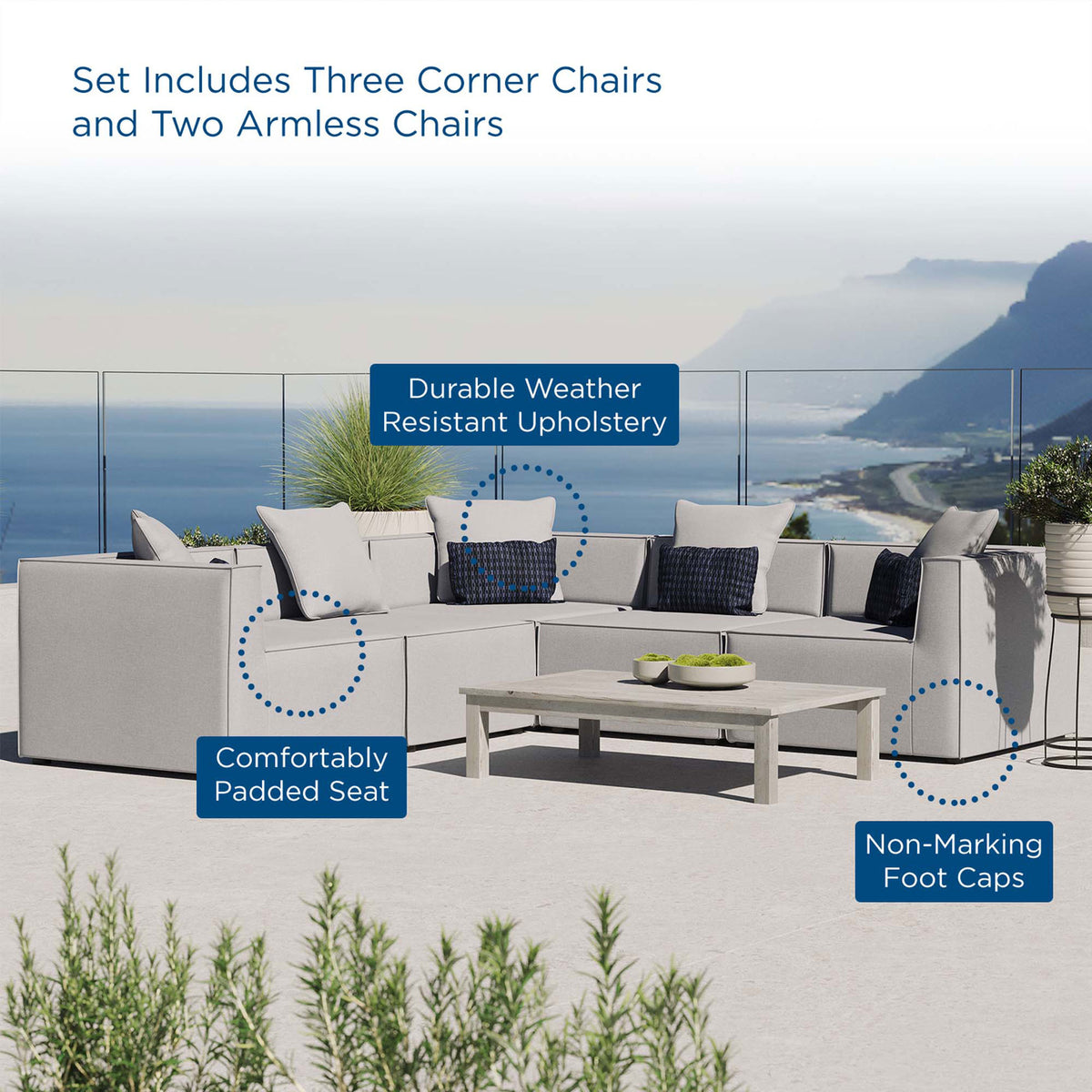 Gray outdoor sectional highlighting weather resistant upholstery, padded seats, and non marking foot caps || EEI-4384-GRY || callout_room