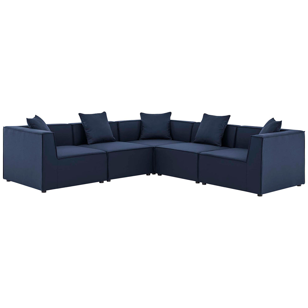 Navy outdoor modular sectional with five cushioned seats and clean-lined low profile frame || EEI-4384-NAV || front_angle_studio