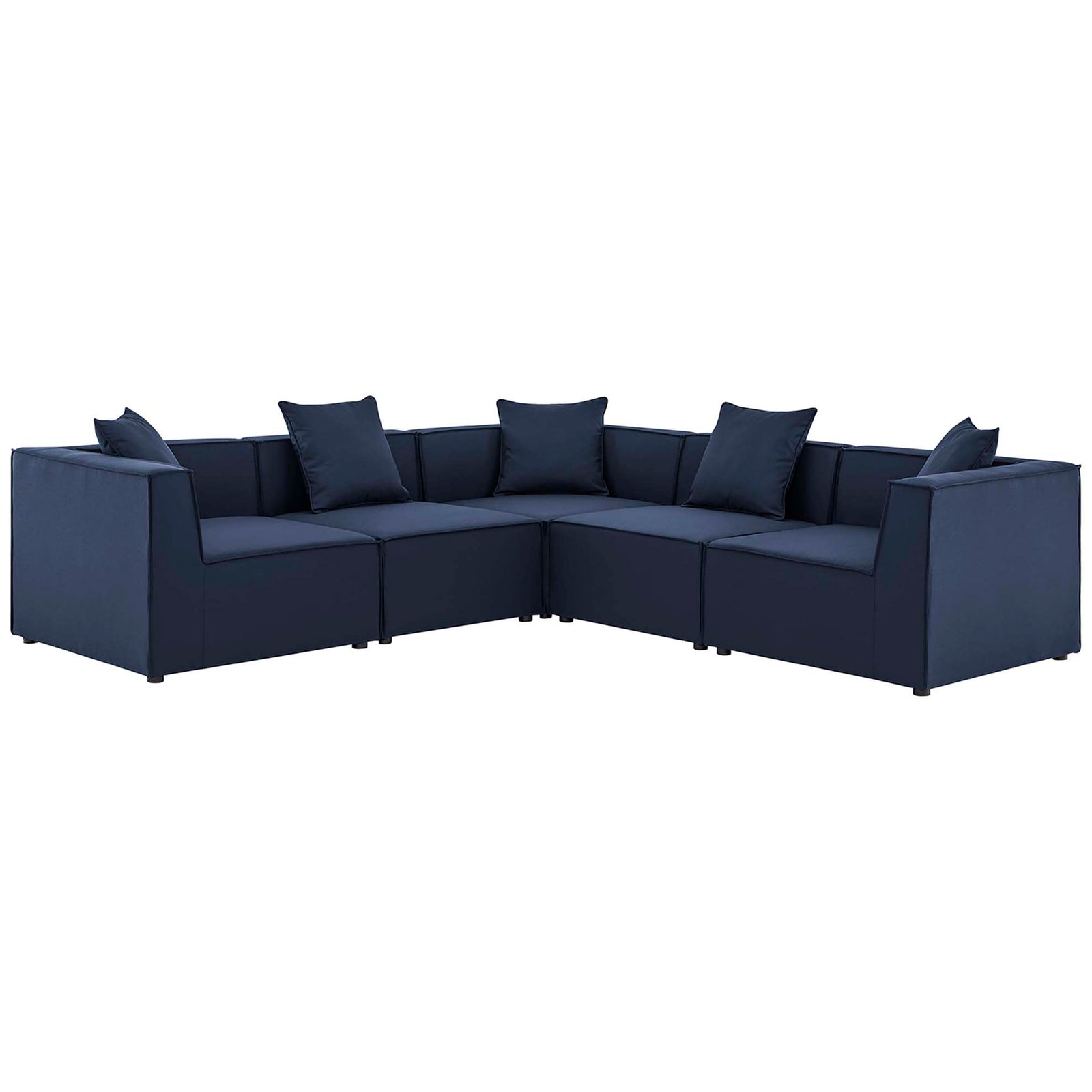 Navy outdoor modular sectional with five cushioned seats and clean-lined low profile frame || EEI-4384-NAV || front_angle_studio