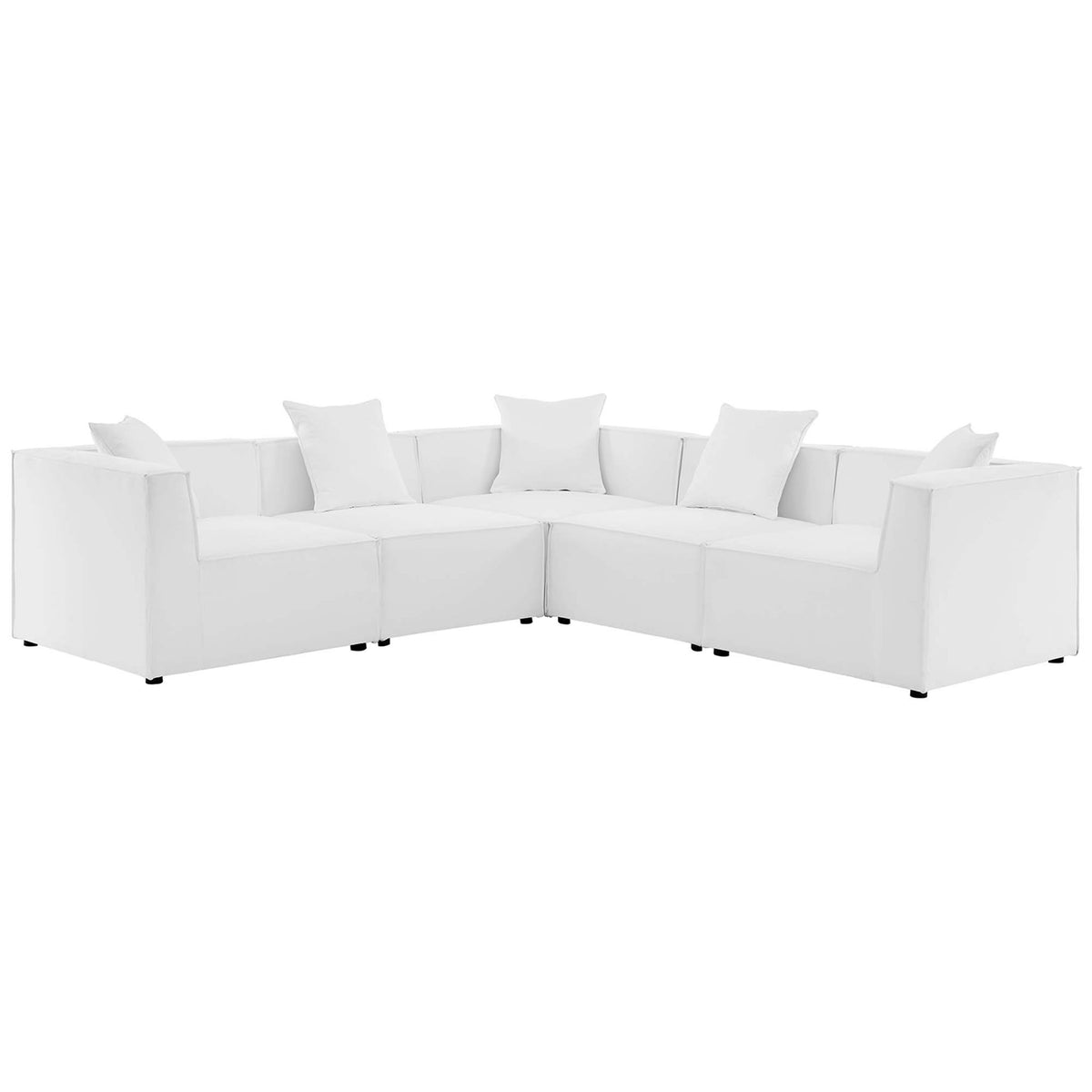 White outdoor modular sectional with five cushioned seats and clean-lined low profile frame || EEI-4384-WHI || front_angle_studio