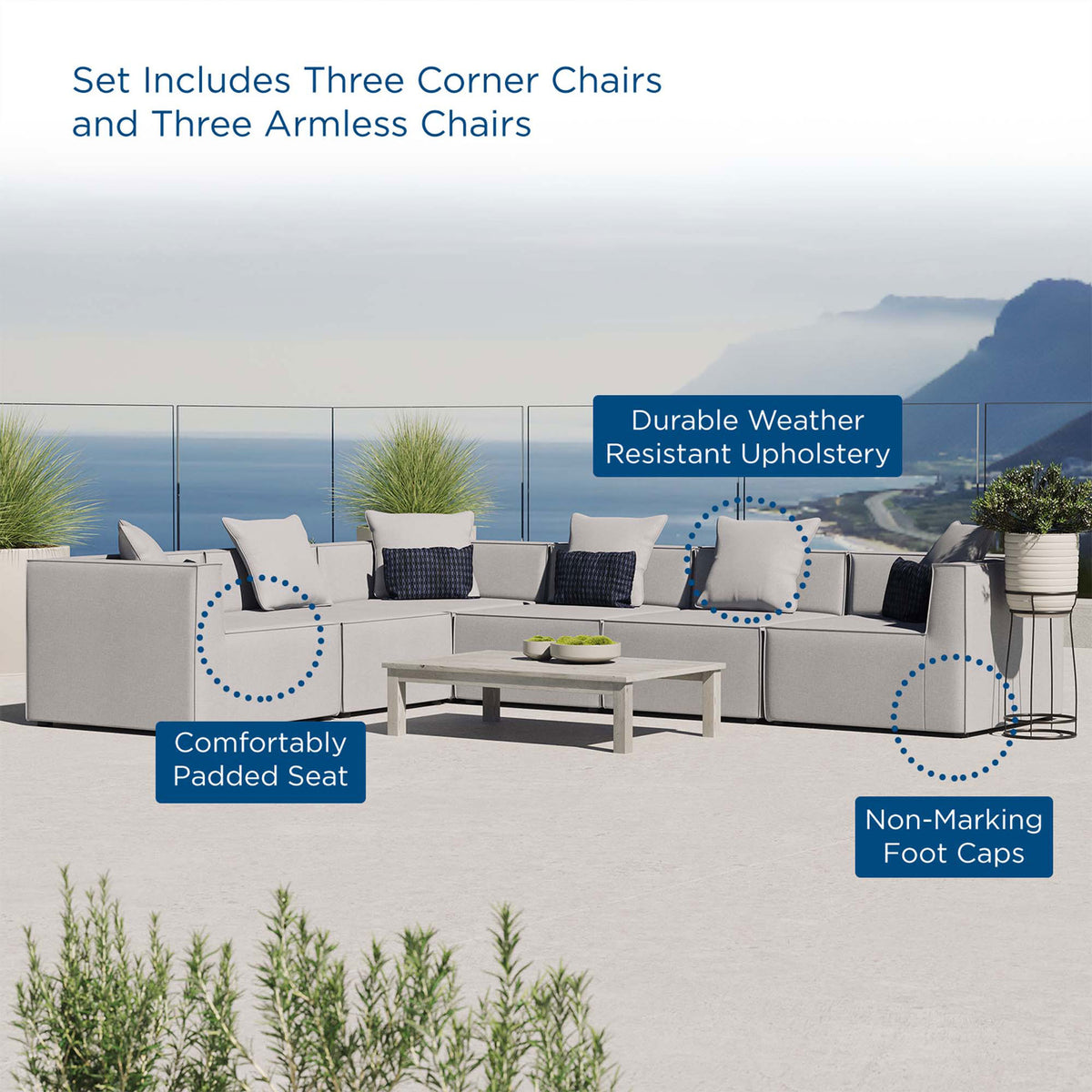 Gray outdoor sectional sofa on a terrace with callouts for padded seats and weather-resistant upholstery || EEI-4385-GRY || callout_room