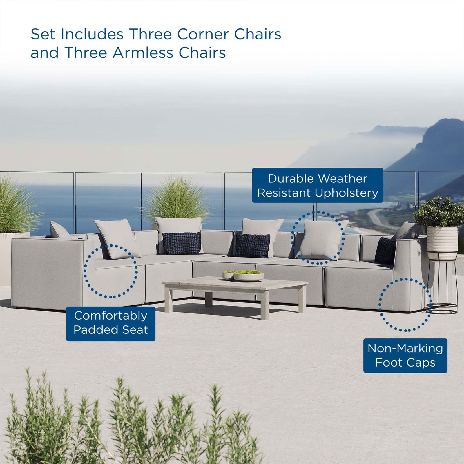 Gray outdoor sectional sofa on a terrace with callouts for padded seats and weather-resistant upholstery || EEI-4385-GRY || callout_room