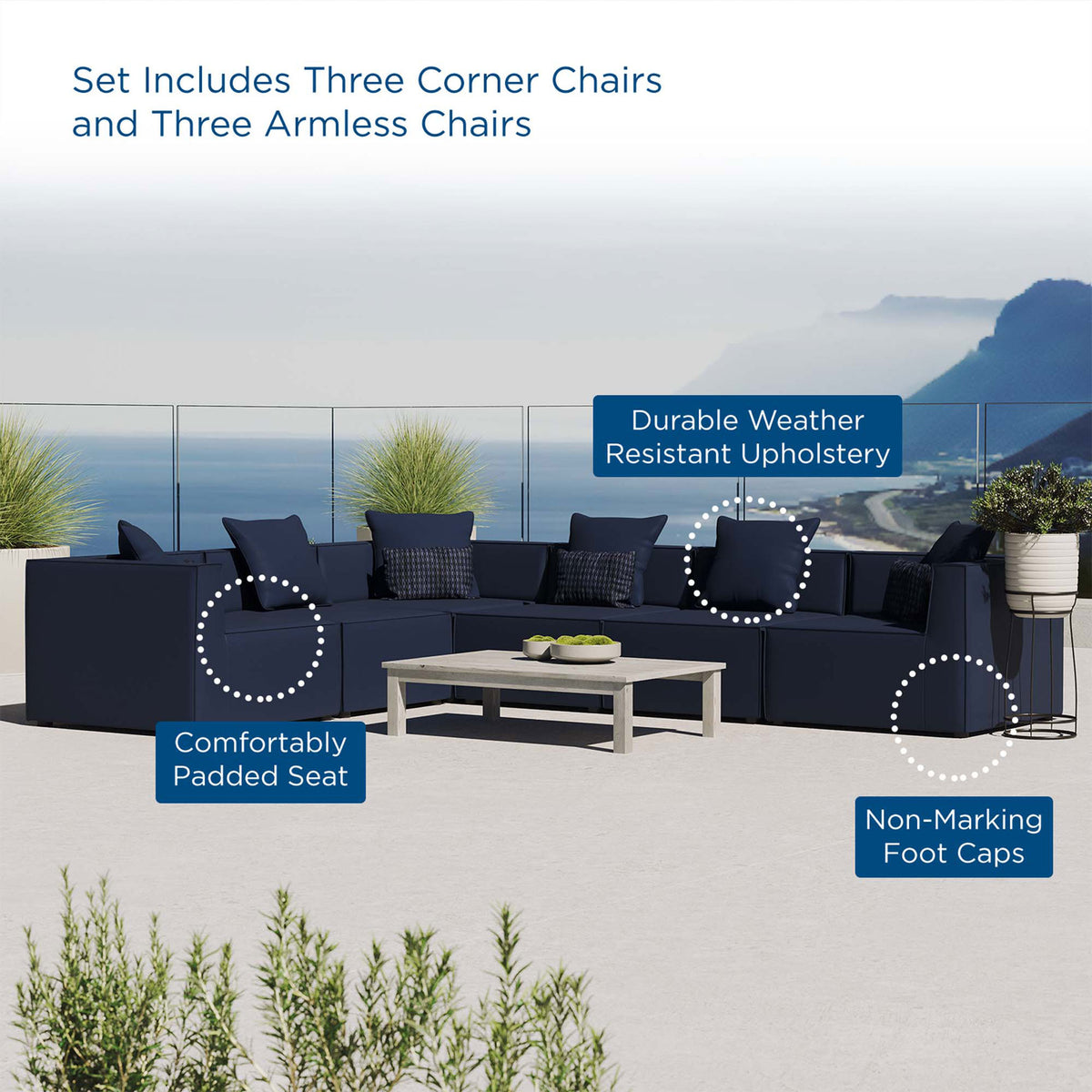 Navy outdoor sectional on a terrace with callouts for padded seats and weather-resistant upholstery || EEI-4385-NAV || callout_room