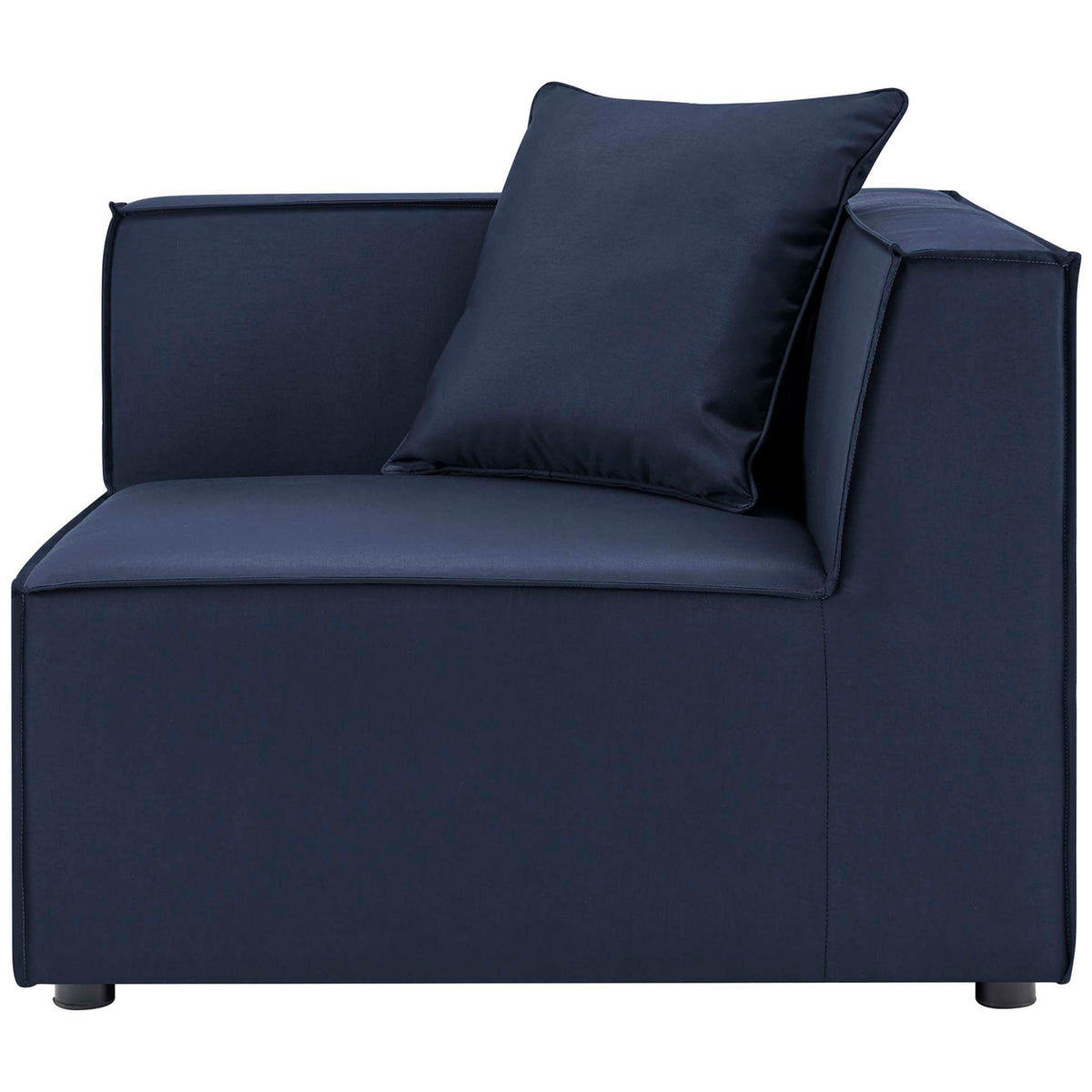 Navy outdoor corner chair featuring a low track arm and tailored modern profile || EEI-4385-NAV || side_partial_studio
