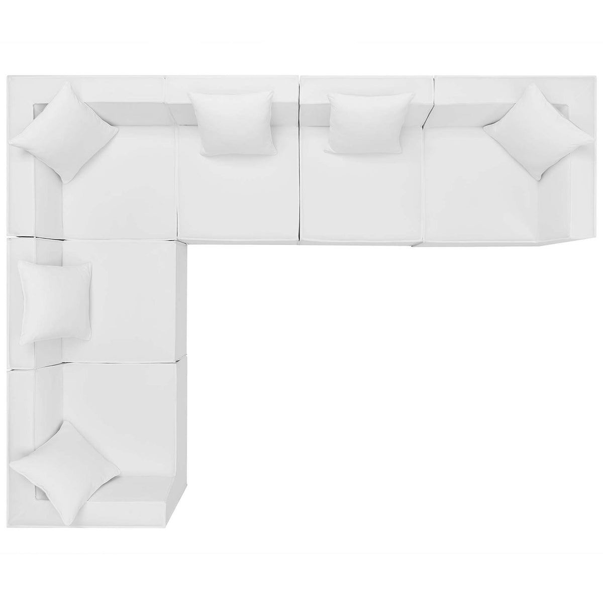 White outdoor sectional arranged in an L-shape with generous seating and loose back pillows || EEI-4385-WHI || top_studio